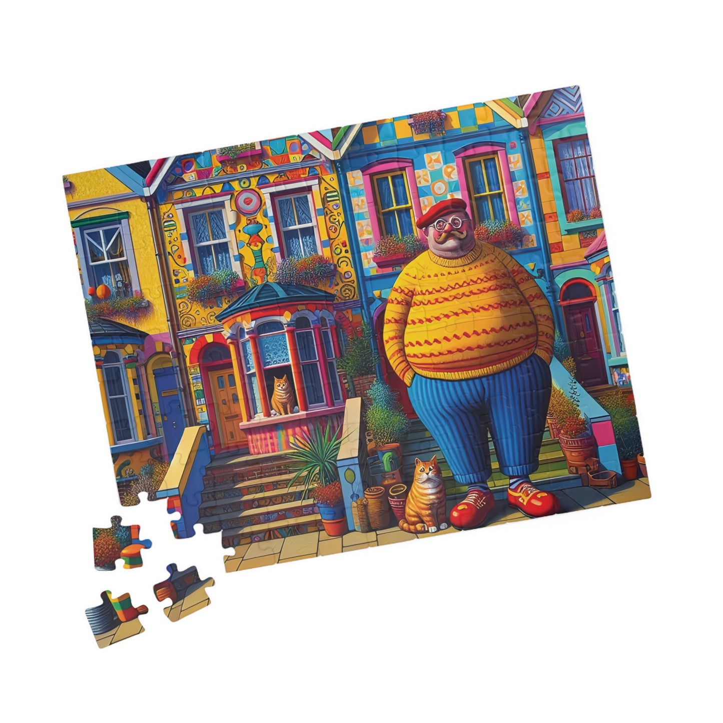 Welcome Committee Jigsaw Puzzle, 110, 252, 520, 1014-piece. Whimsical, Playful Scene of a Jolly Man, Cats and Colourful Houses. Family Fun.