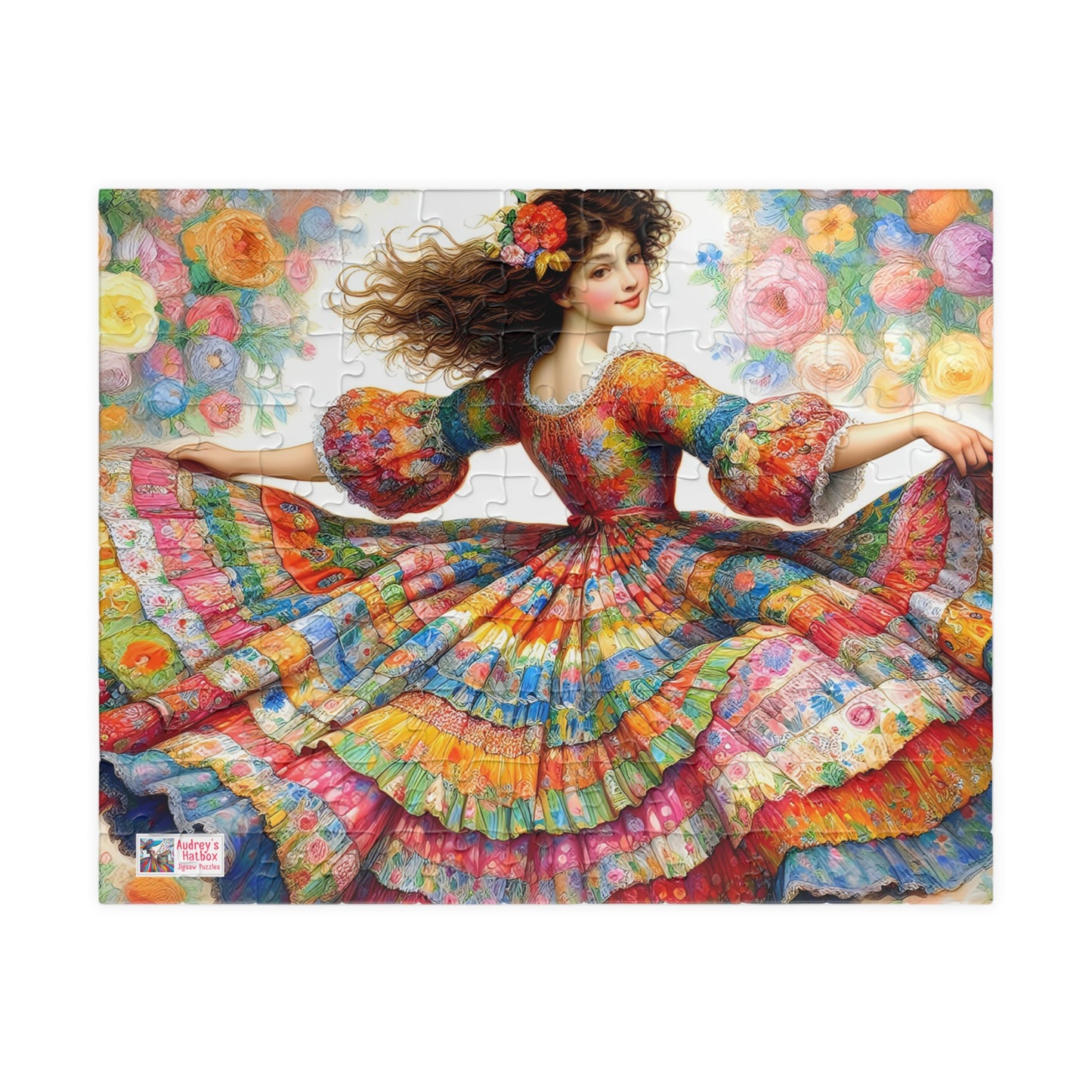 Pretty Twirl Jigsaw Puzzle (110, 252, 520, 1014-piece). Dancing girl in patchwork dress, multi coloured. Family fun, challenging gift idea