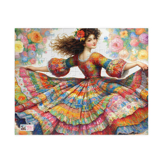 Pretty Twirl Jigsaw Puzzle (110, 252, 520, 1014-piece). Dancing girl in patchwork dress, multi coloured. Family fun, challenging gift idea