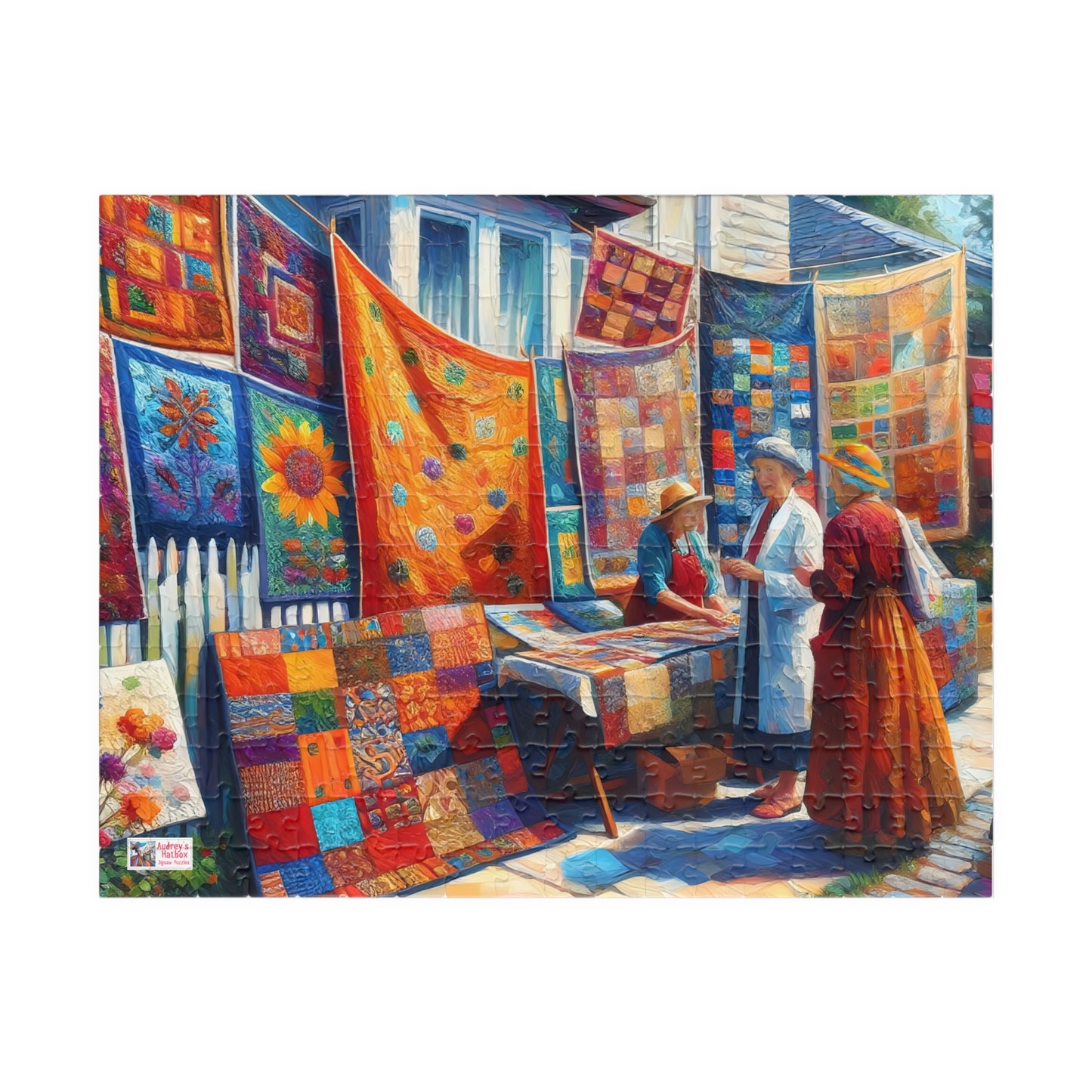 Footpath Quilt Sale Jigsaw Puzzle (110, 252, 520, 1014-piece). Delightful neighbourhood market. Charming gift idea. Wholesome Family Fun.