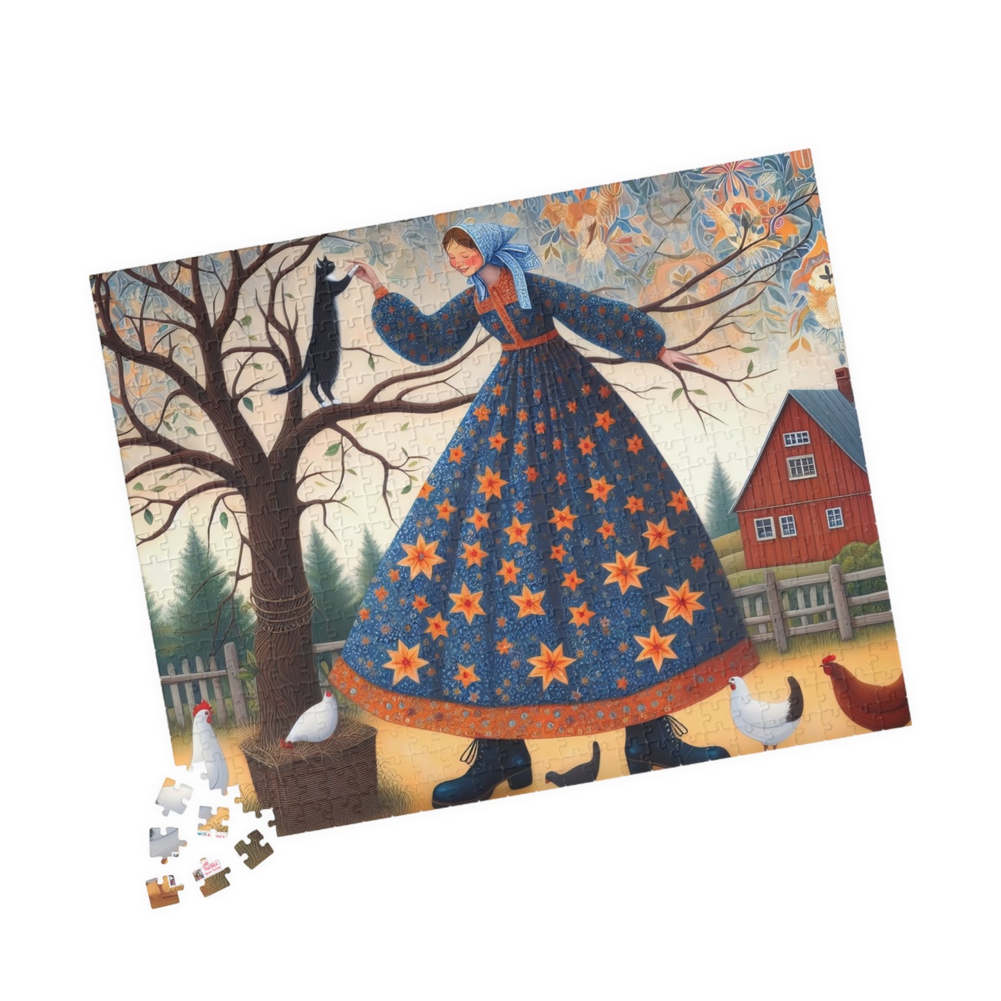 Barnyard Frolic Jigsaw Puzzle (110, 252, 520, 1014-piece). Quirky, Joyful Farm Dance with Chickens and a Black Cat. Family Fun Gift Idea