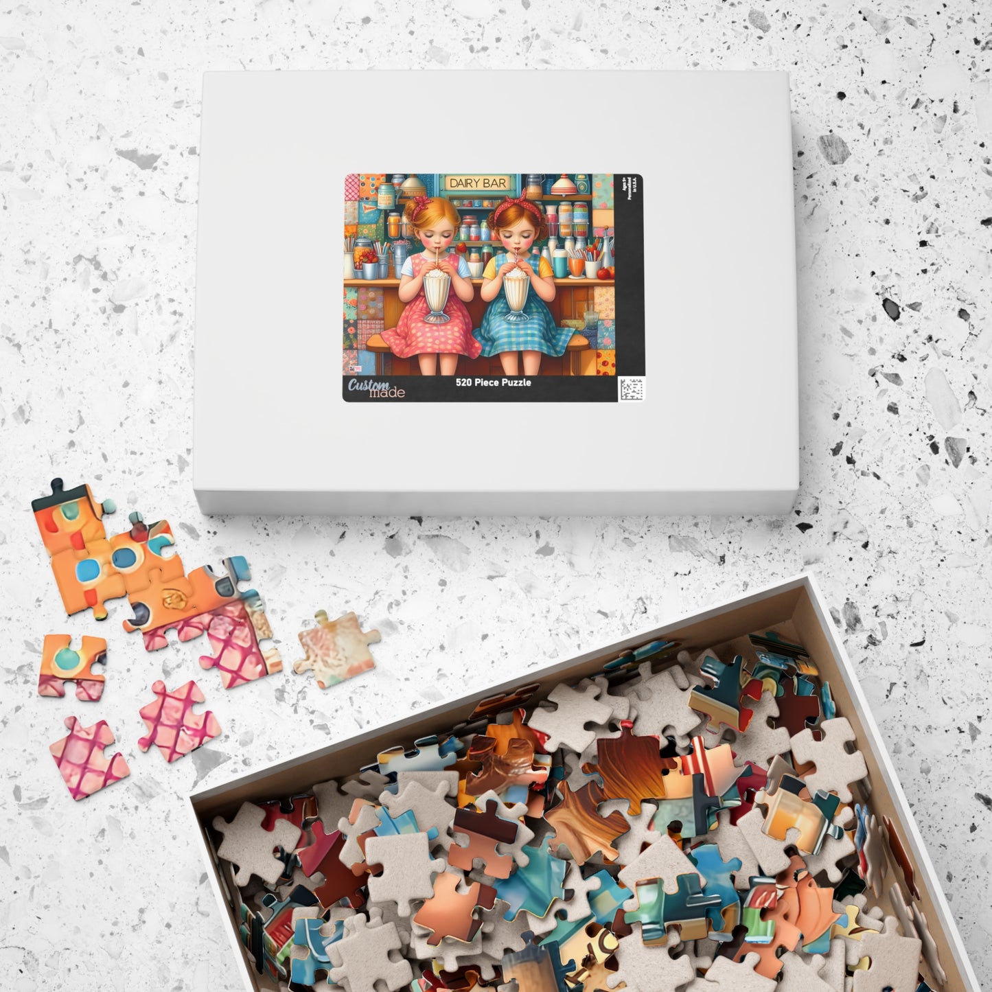 Milkshake Maids Jigsaw Puzzle (110, 252, 520, 1014-piece). Sweet vintage patchwork milk bar scene. Fun family game, children's gift idea