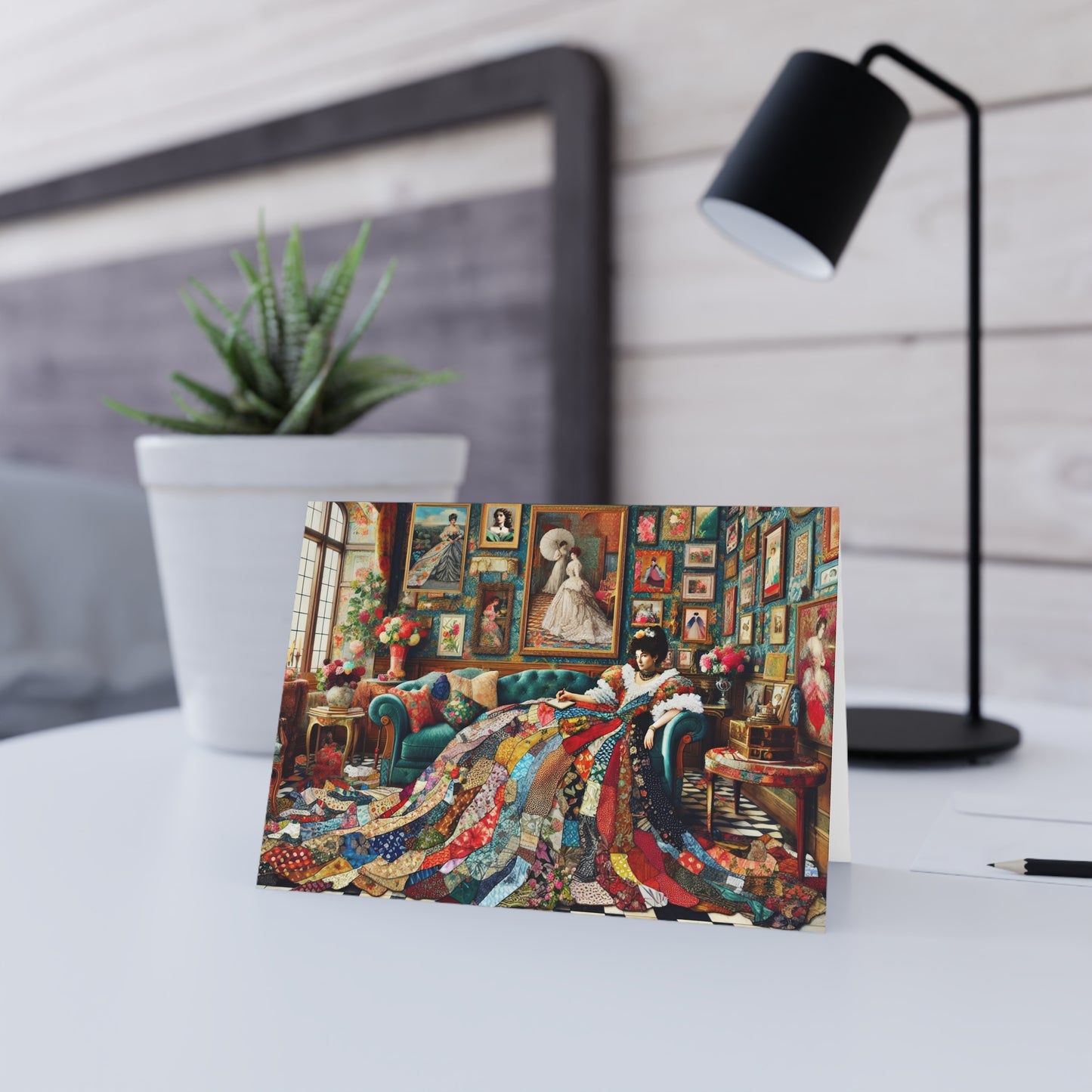 Lady's Parlour Greeting Cards: Elegant Vintage Woman in Patchwork Gown