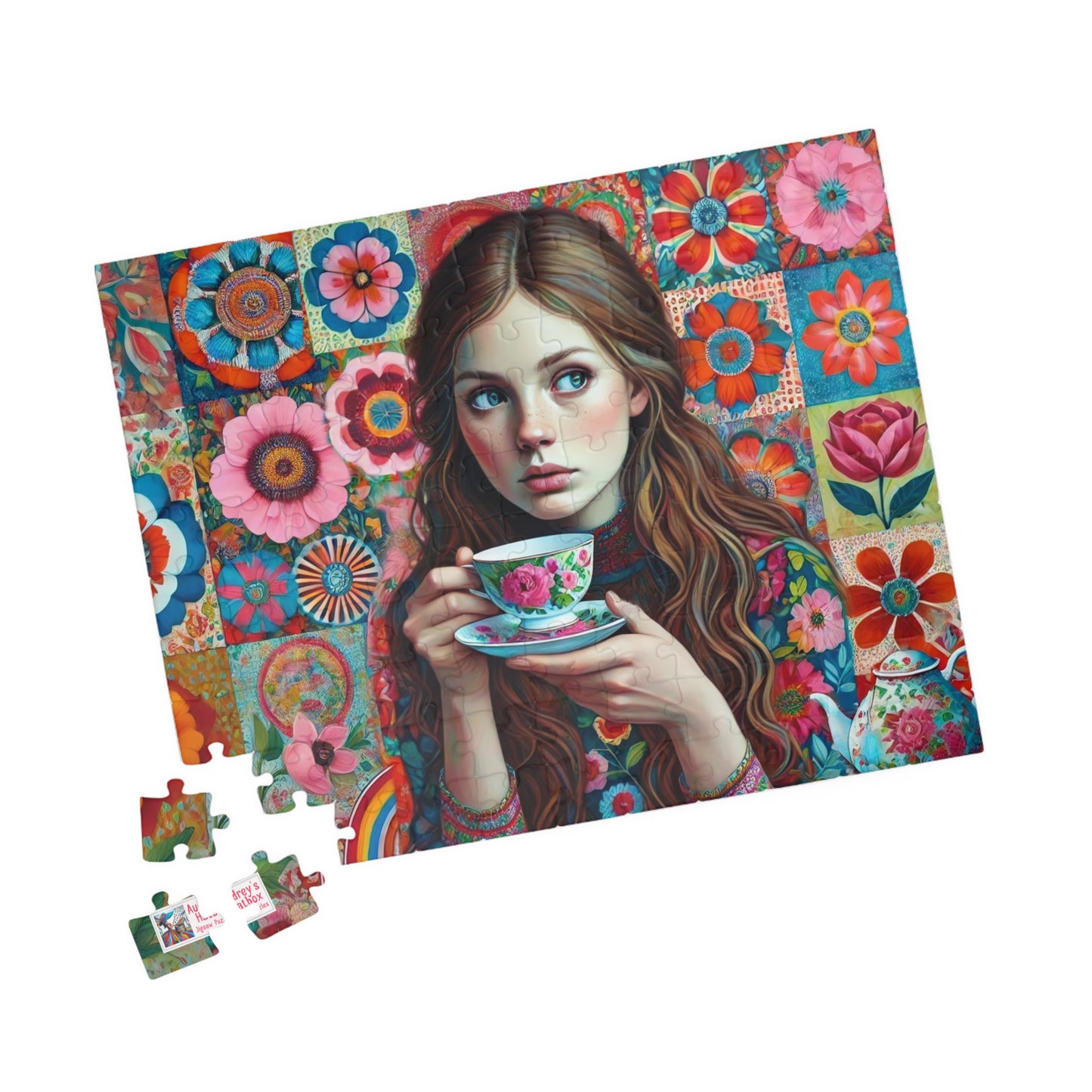 Wallflower Jigsaw Puzzle (110, 252, 520, 1014-piece). Intricate floral patterns and a cup of tea. Pretty and whimsical gift idea.