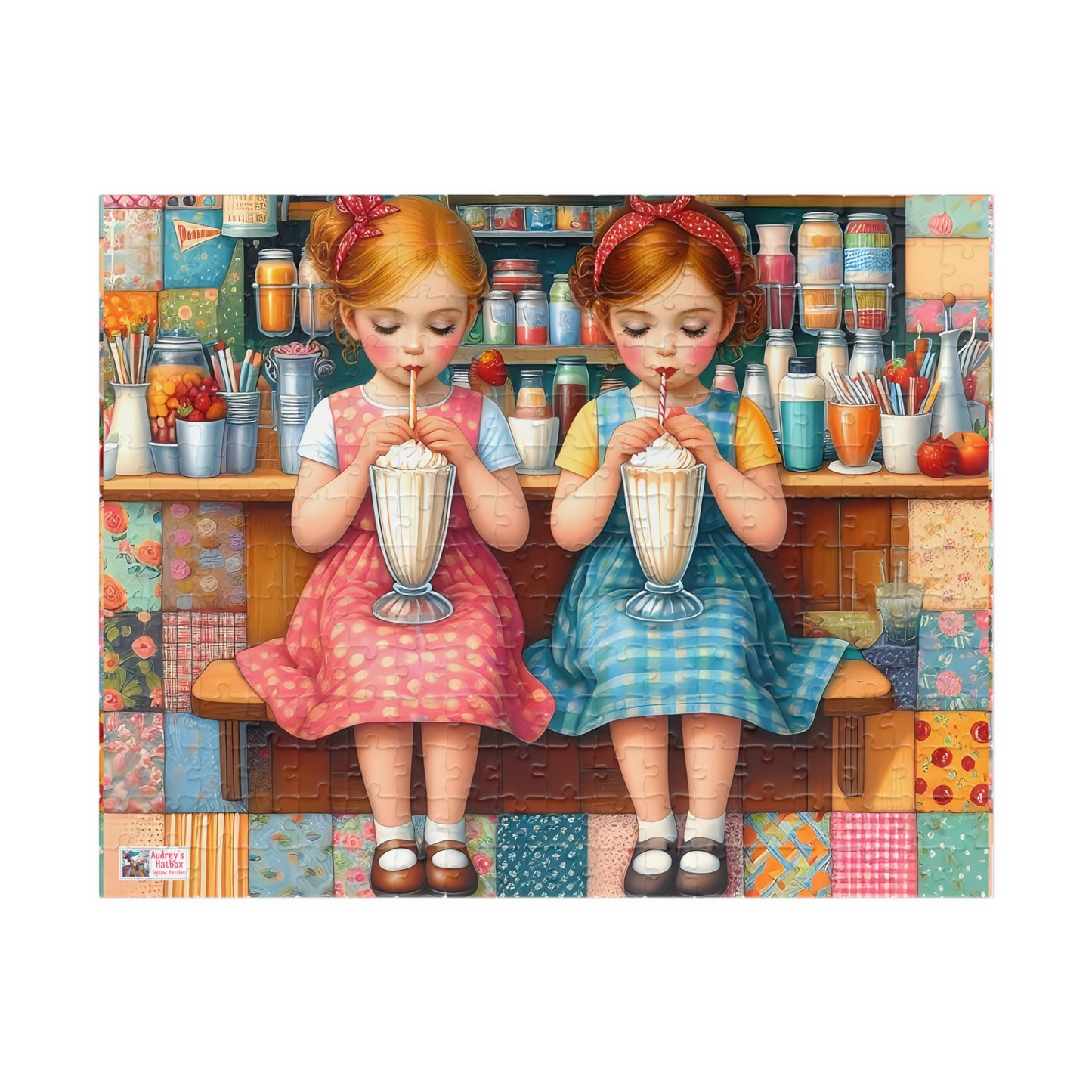 Milkshake Maids Jigsaw Puzzle (110, 252, 520, 1014-piece). Sweet vintage patchwork milk bar scene. Fun family game, children's gift idea