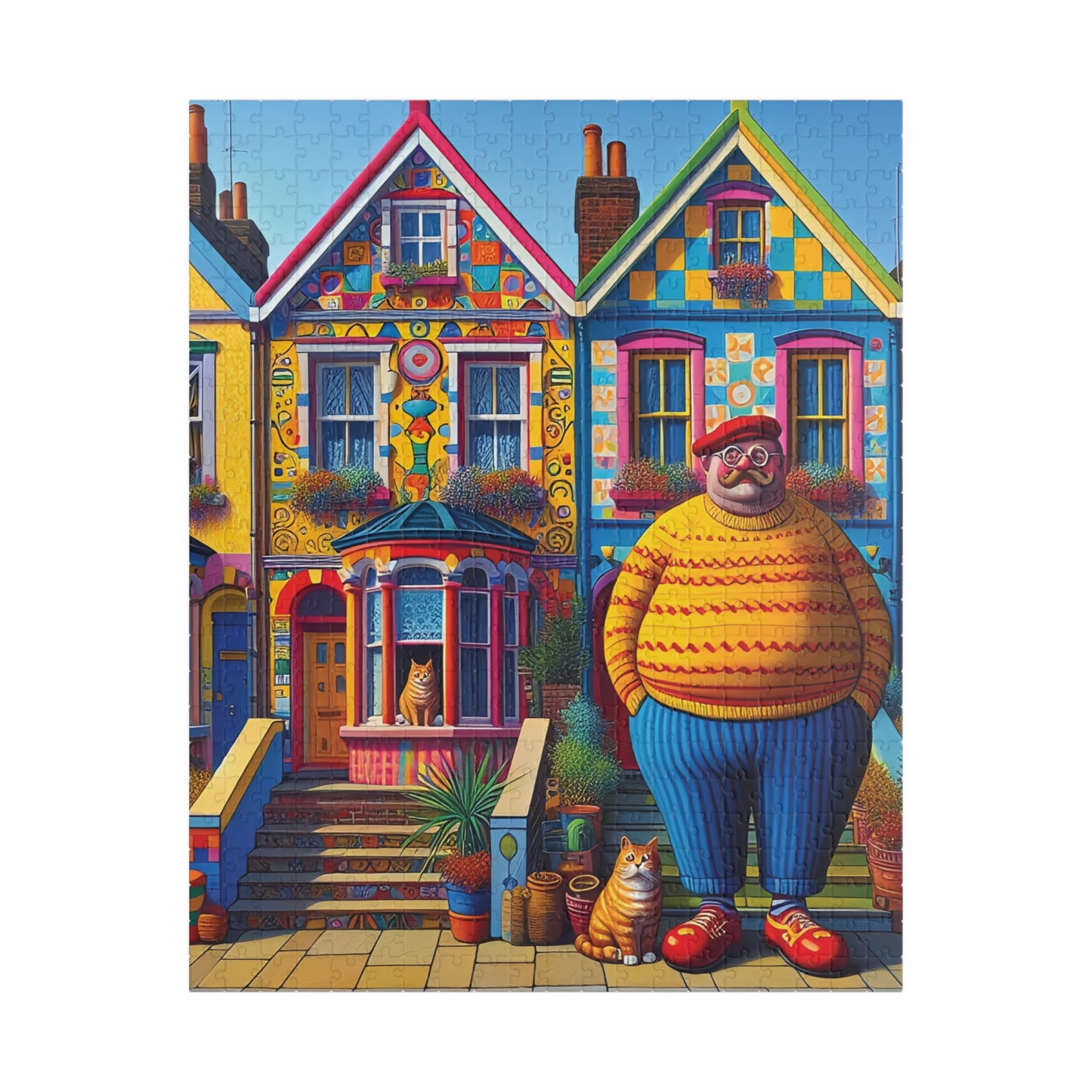 Welcome Committee Jigsaw Puzzle, 110, 252, 520, 1014-piece. Whimsical, Playful Scene of a Jolly Man, Cats and Colourful Houses. Family Fun.