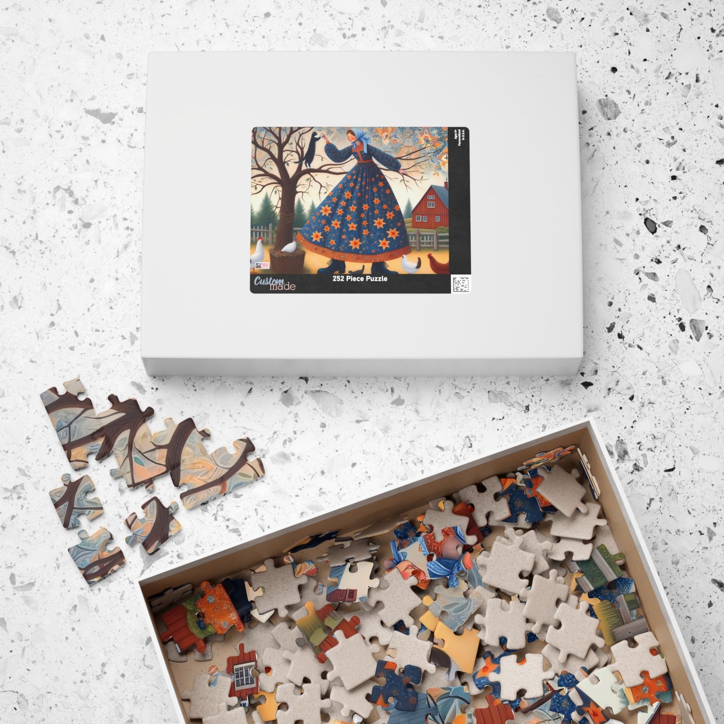 Barnyard Frolic Jigsaw Puzzle (110, 252, 520, 1014-piece). Quirky, Joyful Farm Dance with Chickens and a Black Cat. Family Fun Gift Idea