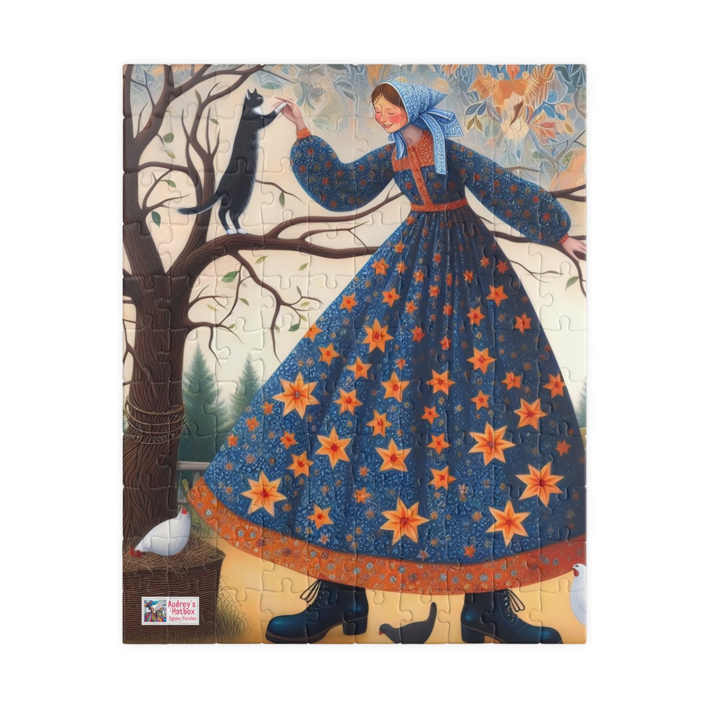 Barnyard Frolic Jigsaw Puzzle (110, 252, 520, 1014-piece). Quirky, Joyful Farm Dance with Chickens and a Black Cat. Family Fun Gift Idea