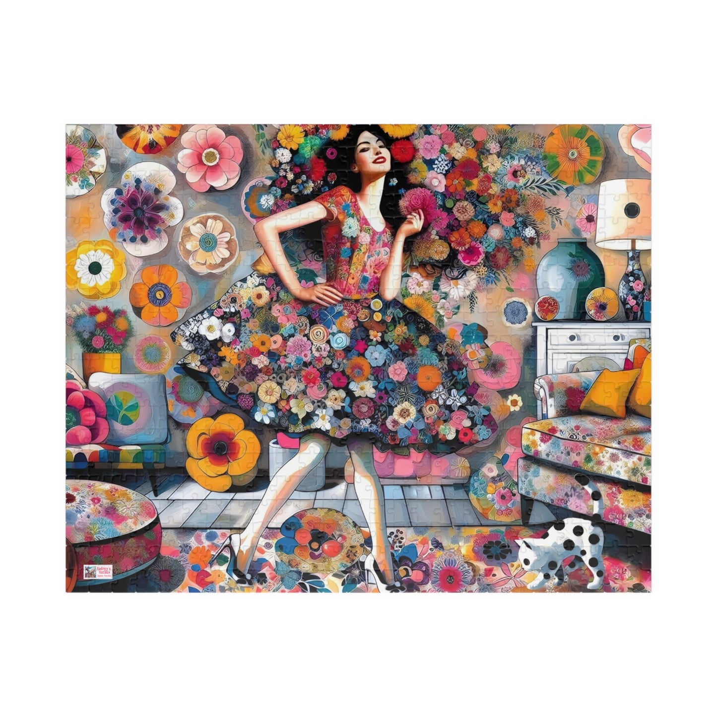 Mad About Flowers Jigsaw Puzzle (110, 252, 520, 1014-piece). Charming Floral Chaos in a Whimsical Scene with a Polka Dot Cat. Fun Gift Idea.