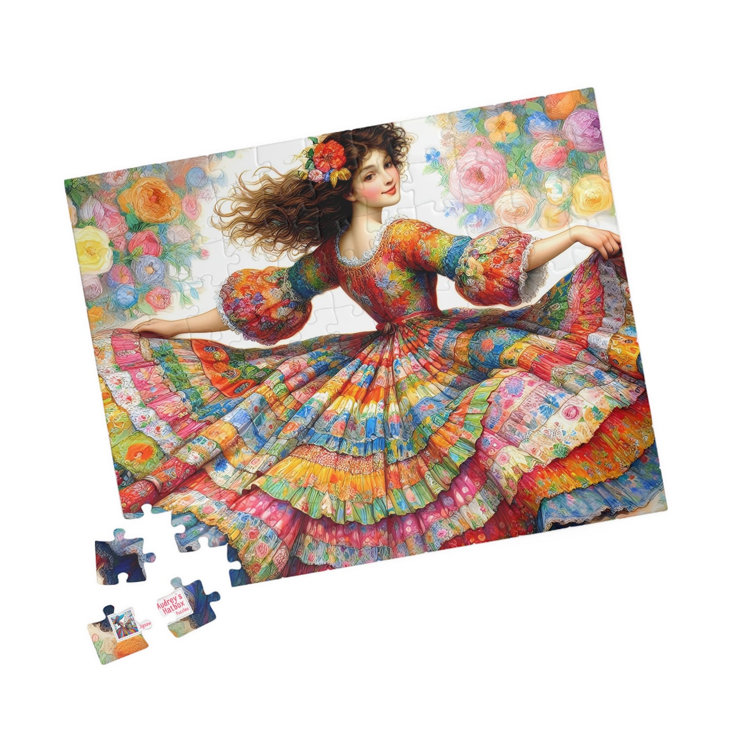 Pretty Twirl Jigsaw Puzzle (110, 252, 520, 1014-piece). Dancing girl in patchwork dress, multi coloured. Family fun, challenging gift idea