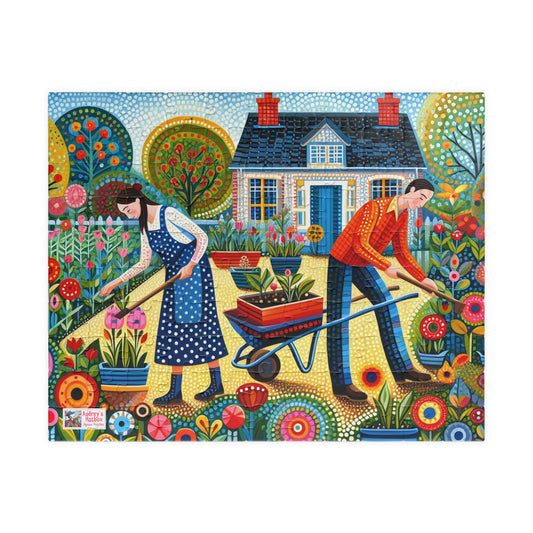 Garden Therapy Jigsaw Puzzle (110, 252, 520, 1014-piece). Charming country cottage scene of a couple in harmony. Wholesome family gift idea.