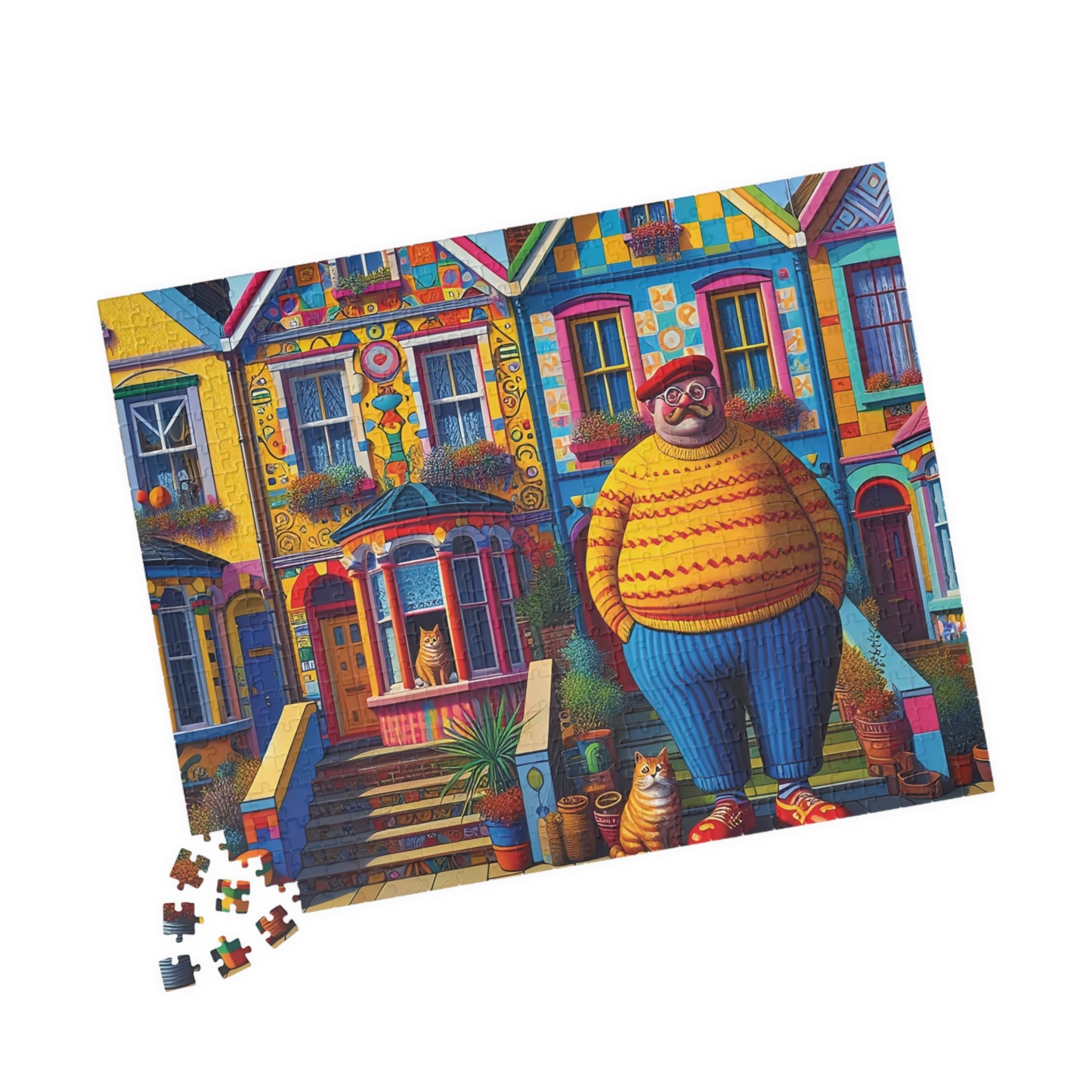 Welcome Committee Jigsaw Puzzle, 110, 252, 520, 1014-piece. Whimsical, Playful Scene of a Jolly Man, Cats and Colourful Houses. Family Fun.