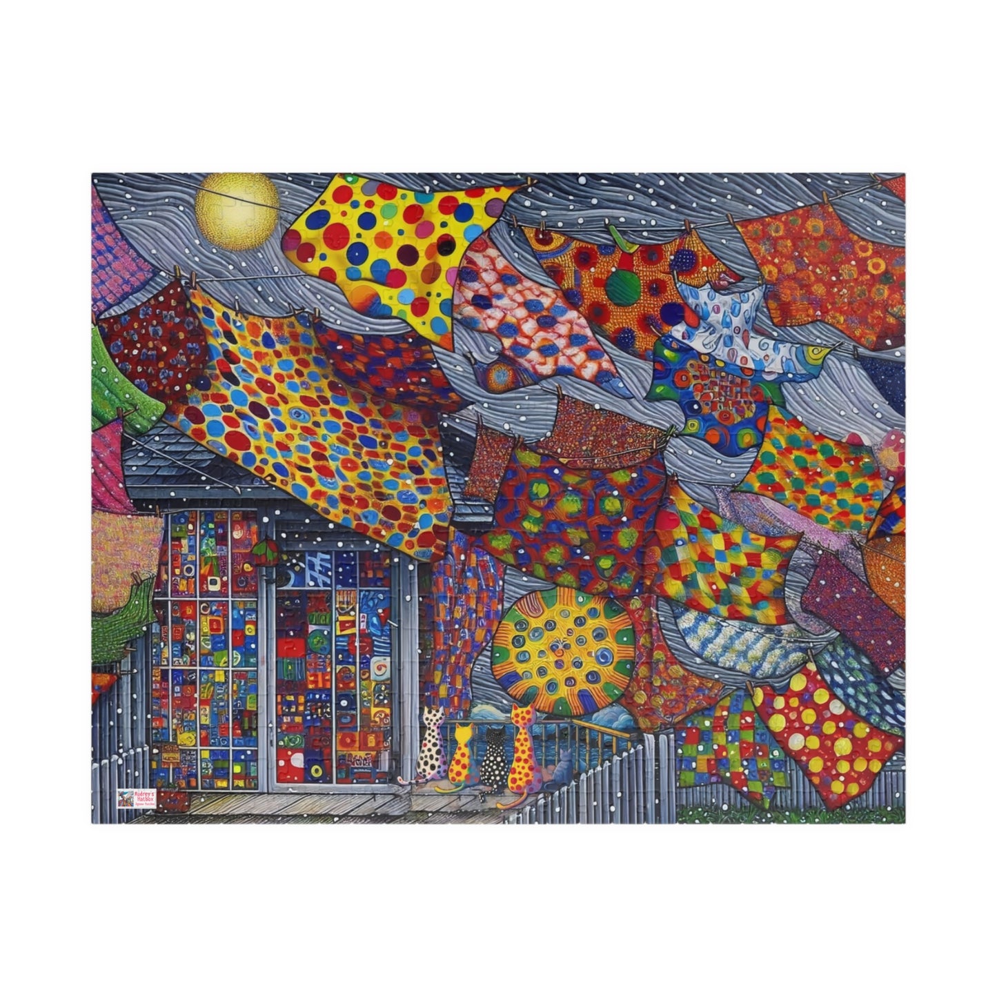 Tablecloth Tempest Jigsaw Puzzle US: Curious cats watch a wild storm whip up the washing on the line  (110-1014-pcs)