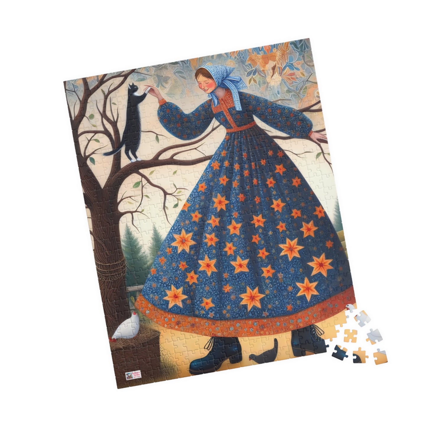 Barnyard Frolic Jigsaw Puzzle (110, 252, 520, 1014-piece). Quirky, Joyful Farm Dance with Chickens and a Black Cat. Family Fun Gift Idea