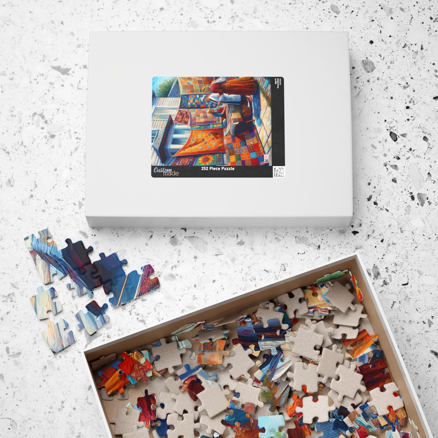 Footpath Quilt Sale Jigsaw Puzzle (110, 252, 520, 1014-piece). Delightful neighbourhood market. Charming gift idea. Wholesome Family Fun.