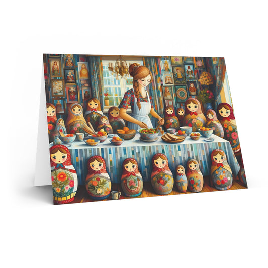 Dinner with my Dolls Greeting Cards: Russian Folk Art Whimsical Scene