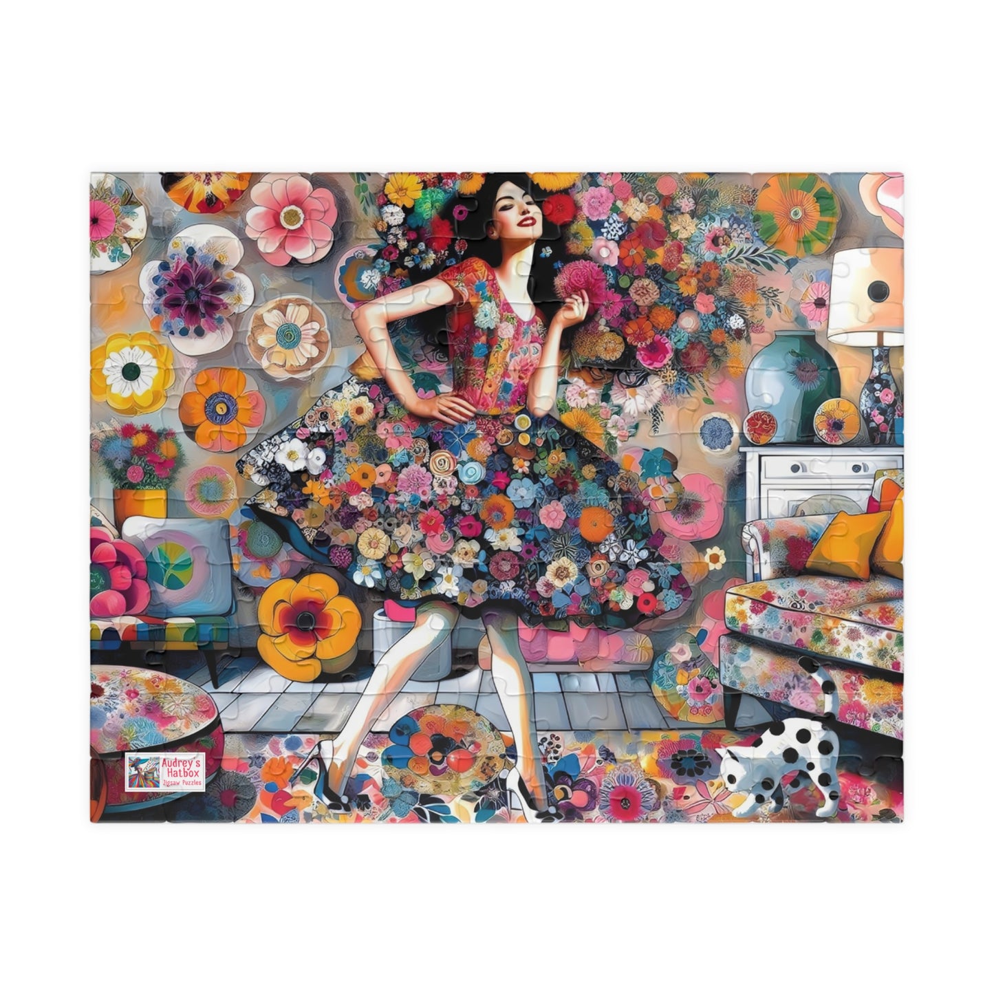 Mad About Flowers Jigsaw Puzzle (110, 252, 520, 1014-piece). Charming Floral Chaos in a Whimsical Scene with a Polka Dot Cat. Fun Gift Idea.