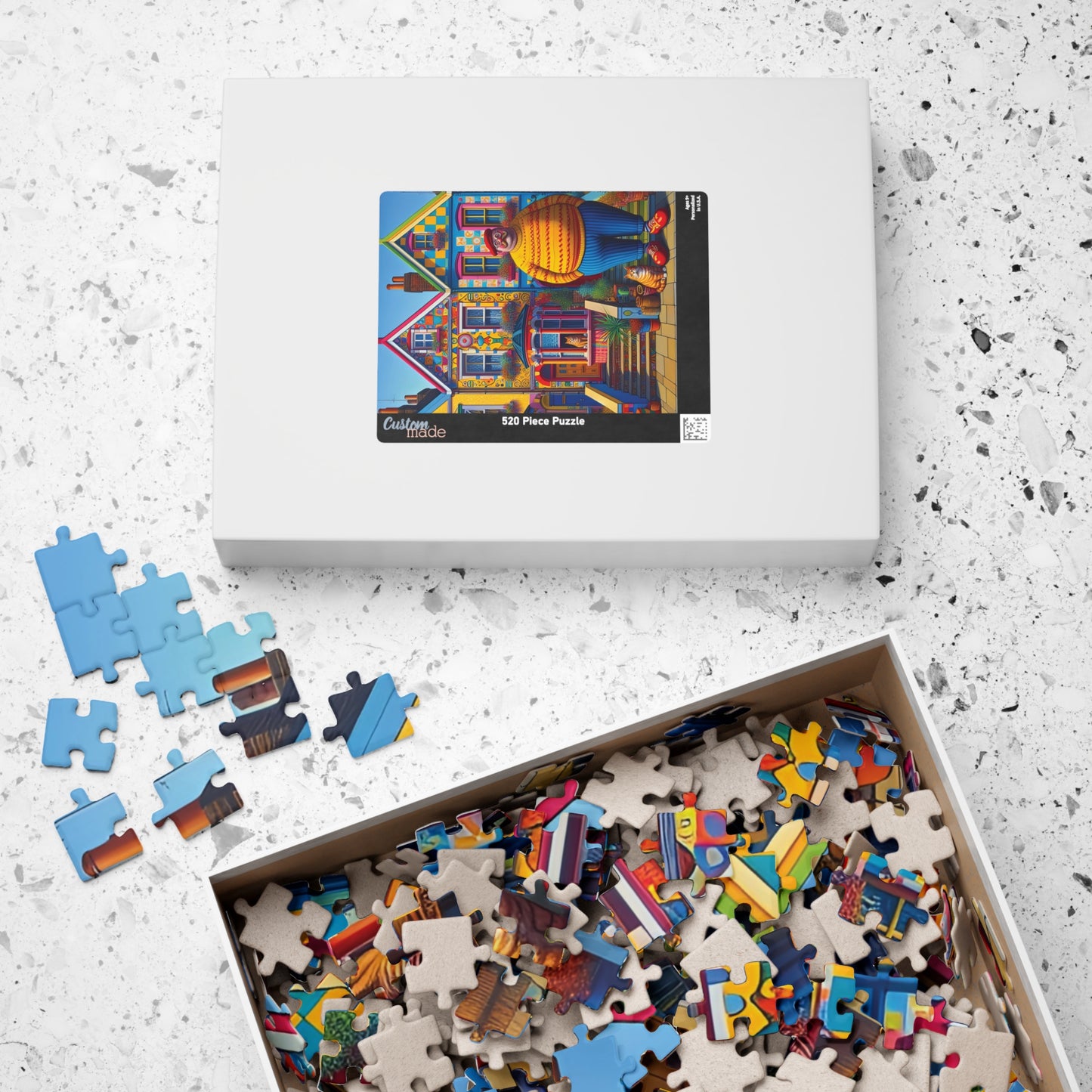 Welcome Committee Jigsaw Puzzle, 110, 252, 520, 1014-piece. Whimsical, Playful Scene of a Jolly Man, Cats and Colourful Houses. Family Fun.