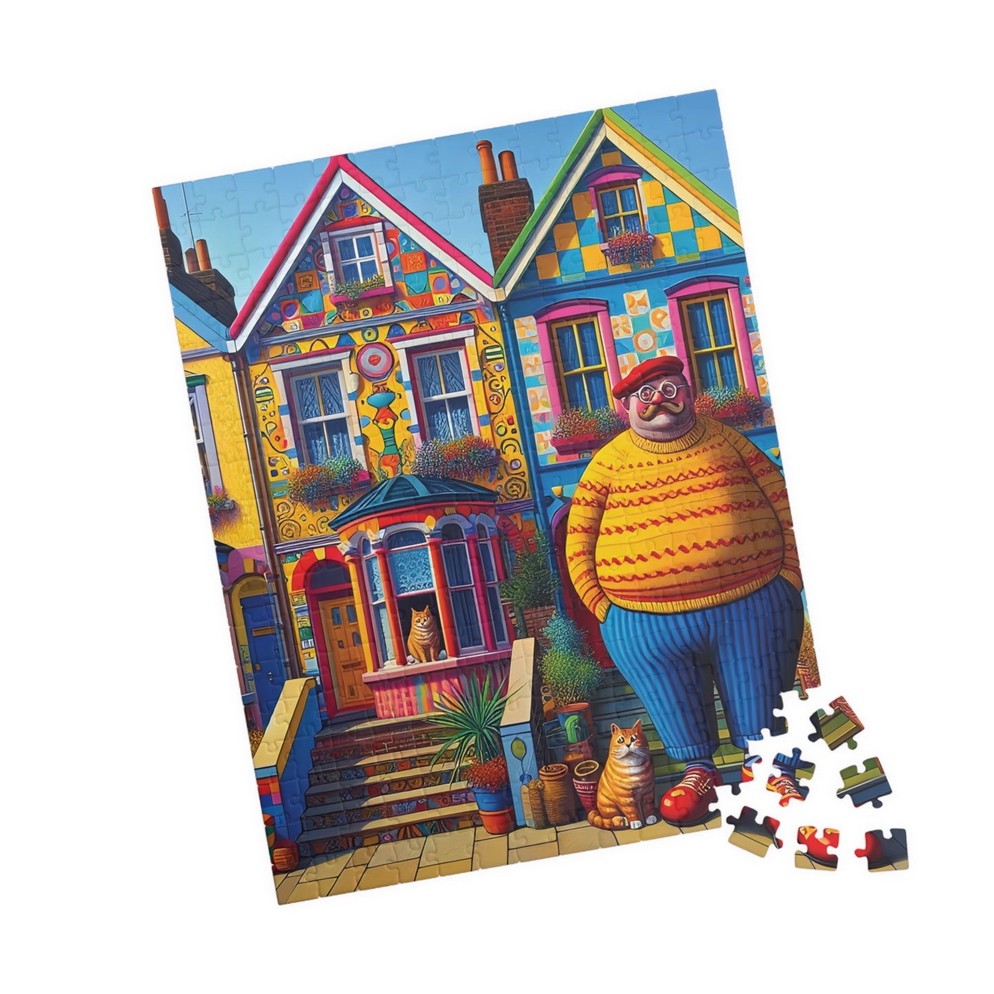 Welcome Committee Jigsaw Puzzle, 110, 252, 520, 1014-piece. Whimsical, Playful Scene of a Jolly Man, Cats and Colourful Houses. Family Fun.