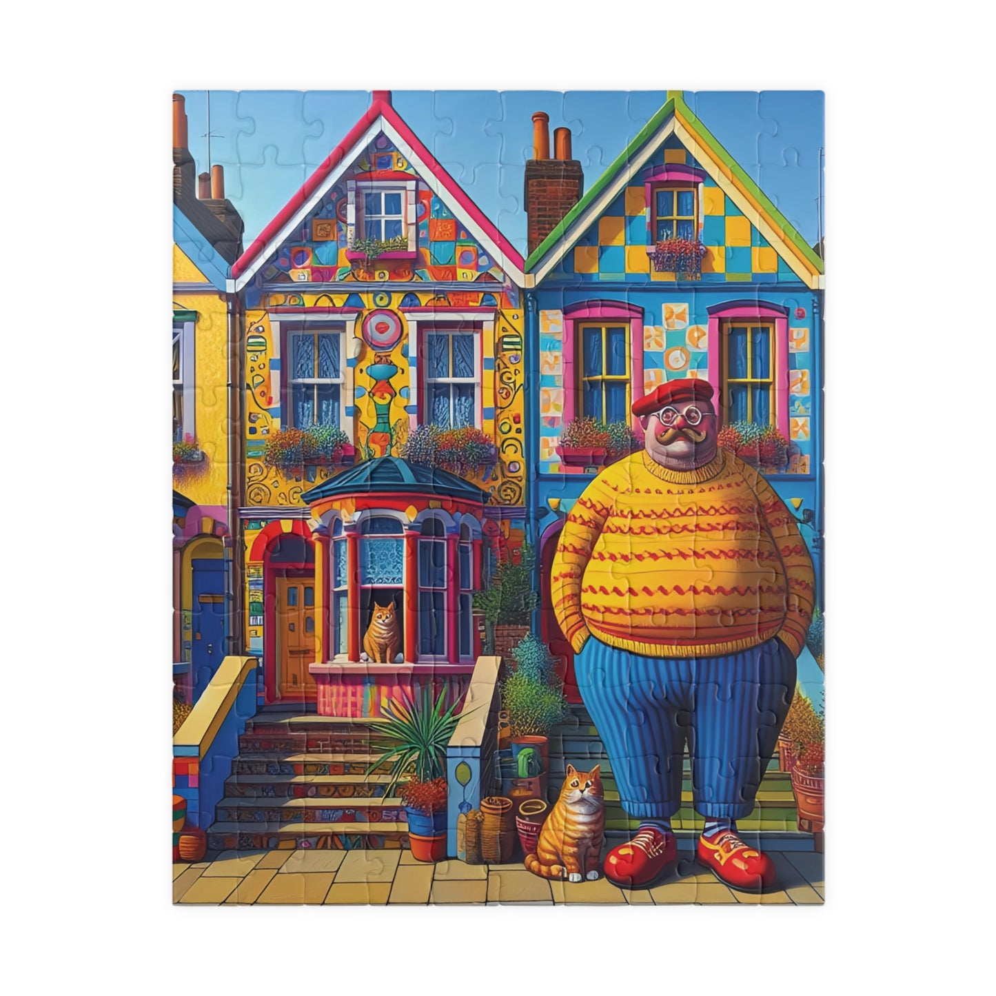 Welcome Committee Jigsaw Puzzle, 110, 252, 520, 1014-piece. Whimsical, Playful Scene of a Jolly Man, Cats and Colourful Houses. Family Fun.