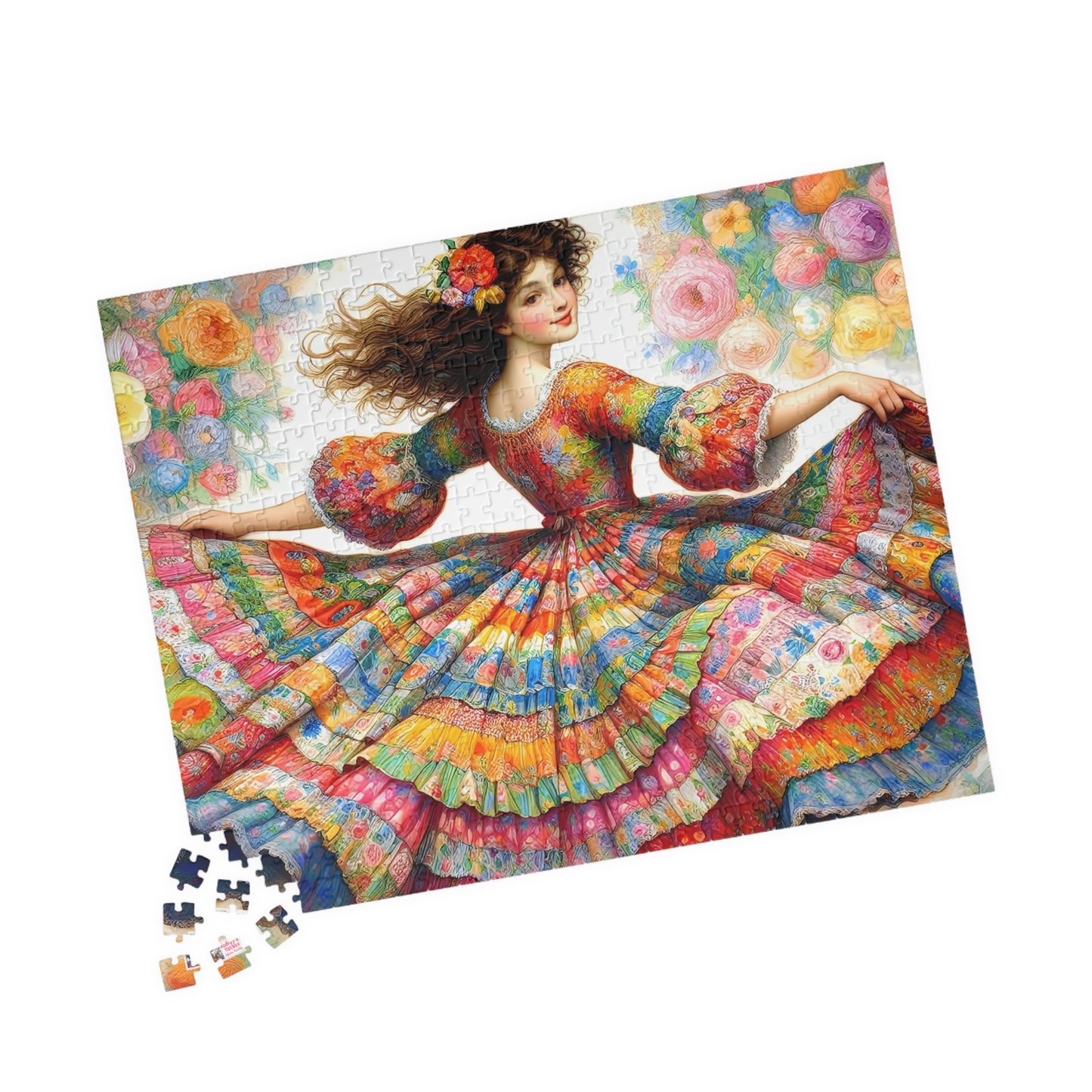 Pretty Twirl Jigsaw Puzzle (110, 252, 520, 1014-piece). Dancing girl in patchwork dress, multi coloured. Family fun, challenging gift idea