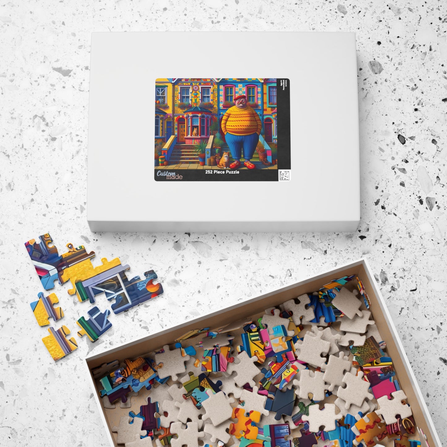 Welcome Committee Jigsaw Puzzle, 110, 252, 520, 1014-piece. Whimsical, Playful Scene of a Jolly Man, Cats and Colourful Houses. Family Fun.