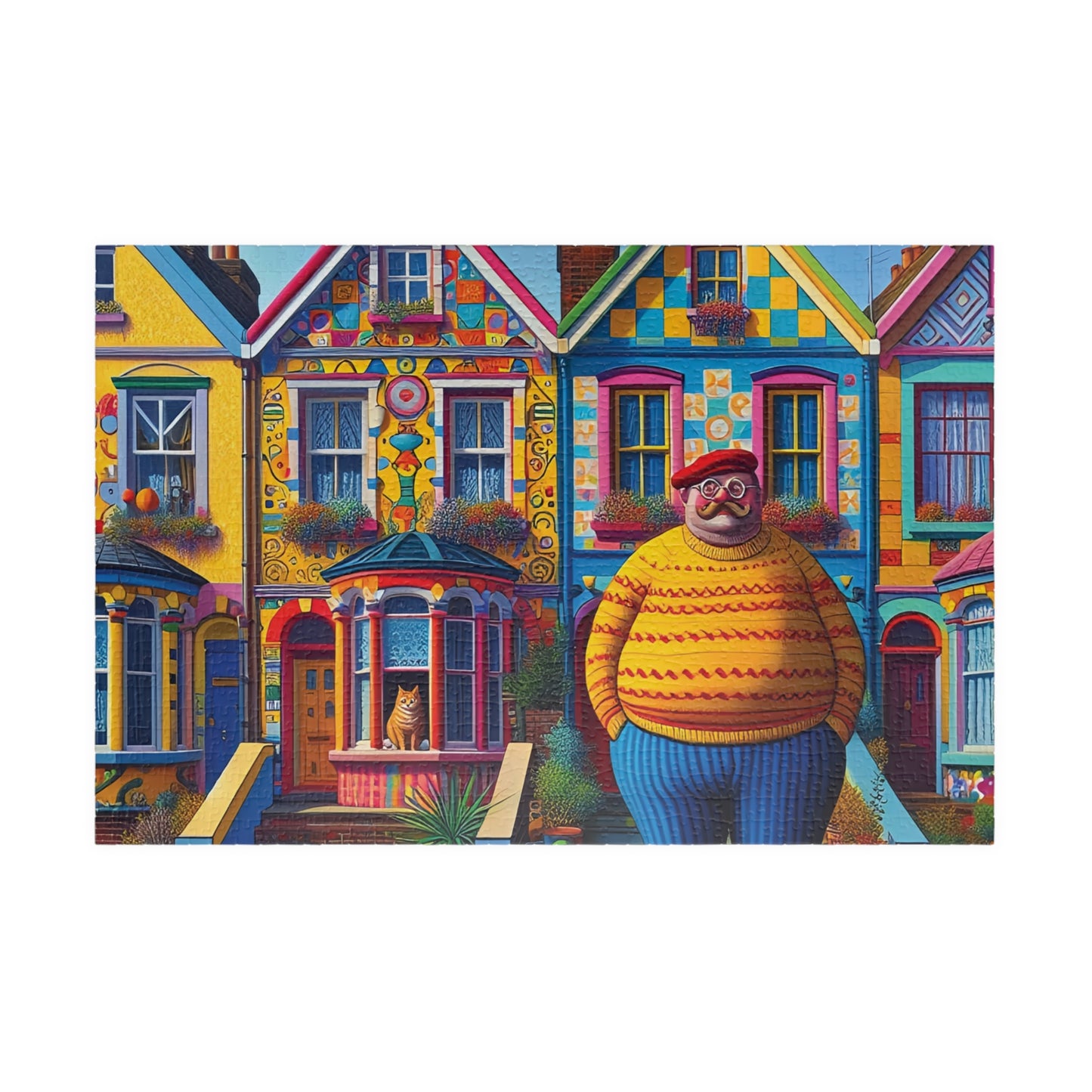 Welcome Committee Jigsaw Puzzle, 110, 252, 520, 1014-piece. Whimsical, Playful Scene of a Jolly Man, Cats and Colourful Houses. Family Fun.