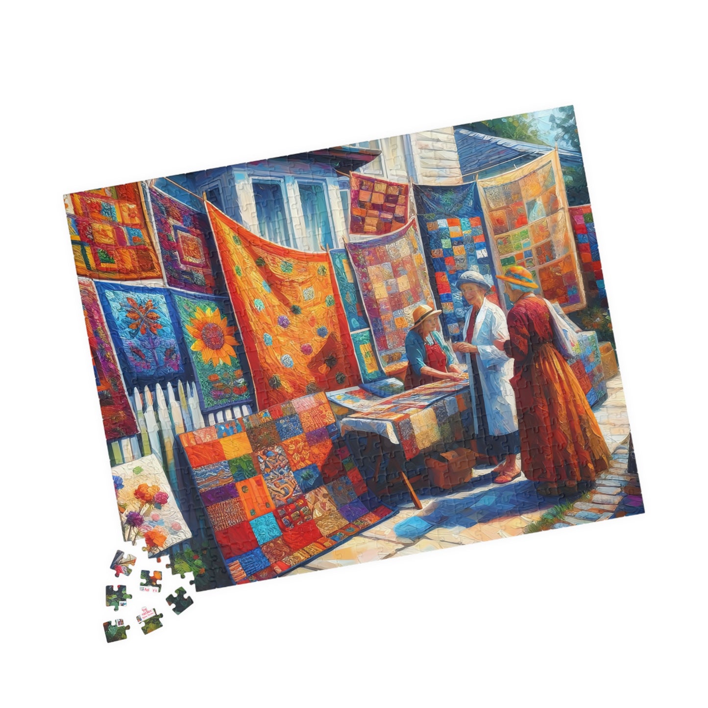 Footpath Quilt Sale Jigsaw Puzzle (110, 252, 520, 1014-piece). Delightful neighbourhood market. Charming gift idea. Wholesome Family Fun.