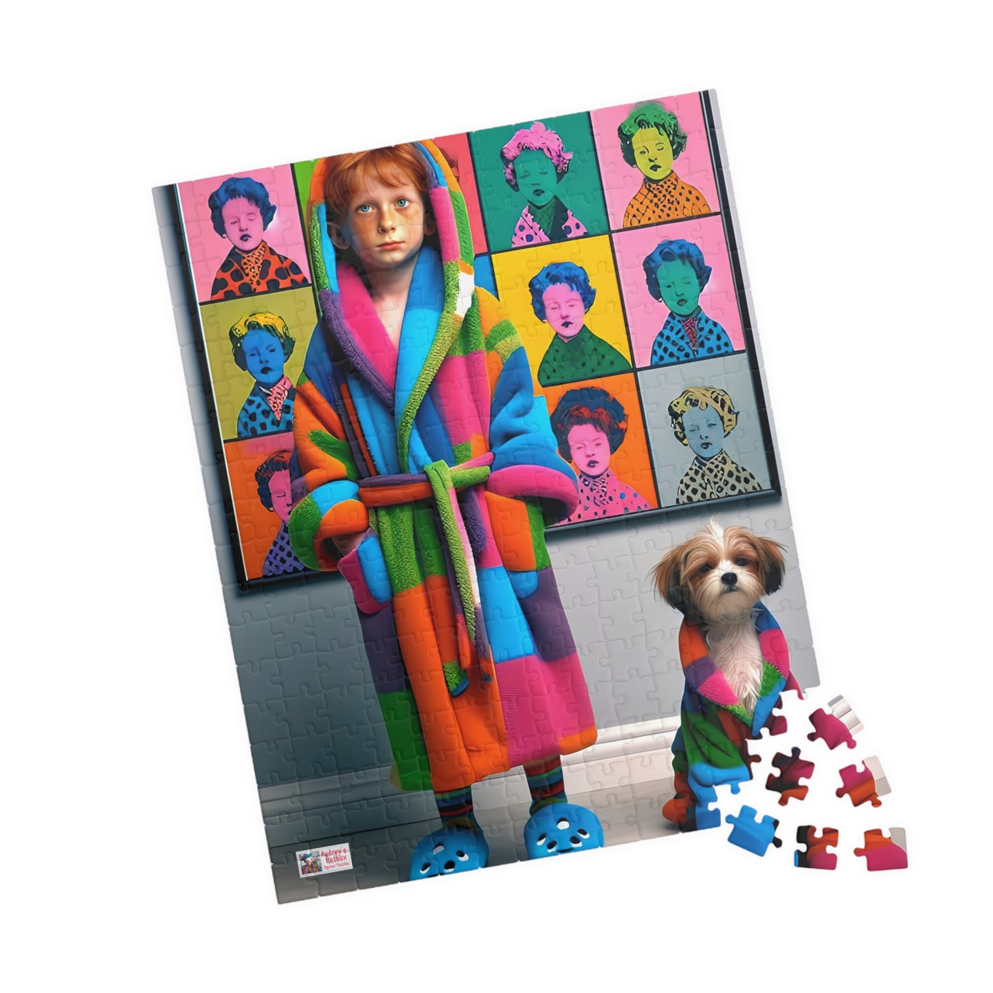 Pop Art Pajama Party Jigsaw Puzzle (110, 252, 520, 1014-piece). Cute and quirky boy and dog in matching bathrobes. Fun gift. Family game.