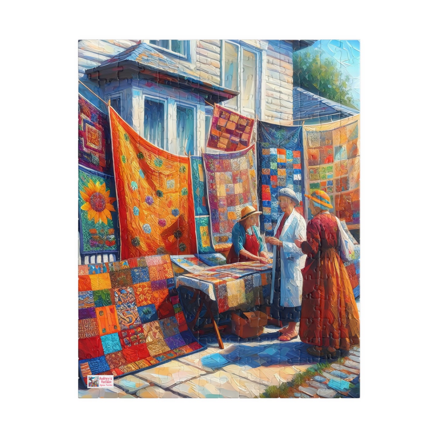Footpath Quilt Sale Jigsaw Puzzle (110, 252, 520, 1014-piece). Delightful neighbourhood market. Charming gift idea. Wholesome Family Fun.