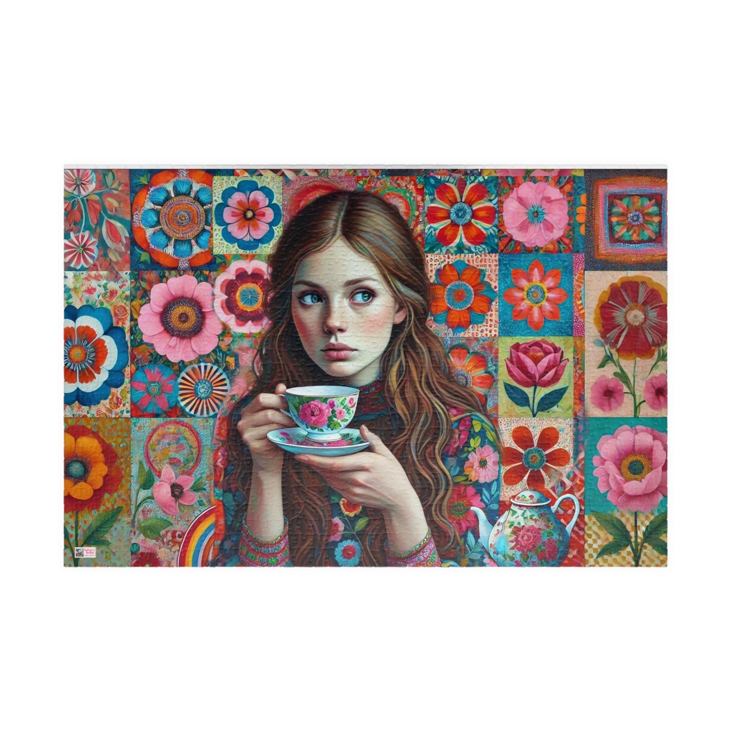 Wallflower Jigsaw Puzzle (110, 252, 520, 1014-piece). Intricate floral patterns and a cup of tea. Pretty and whimsical gift idea.