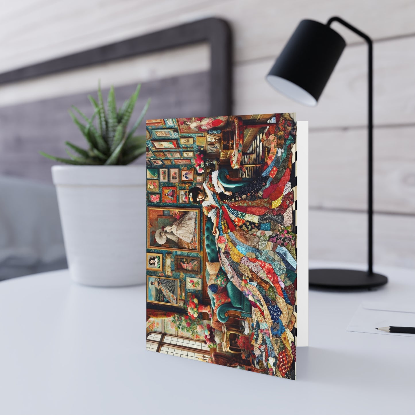 Lady's Parlour Greeting Cards: Elegant Vintage Woman in Patchwork Gown