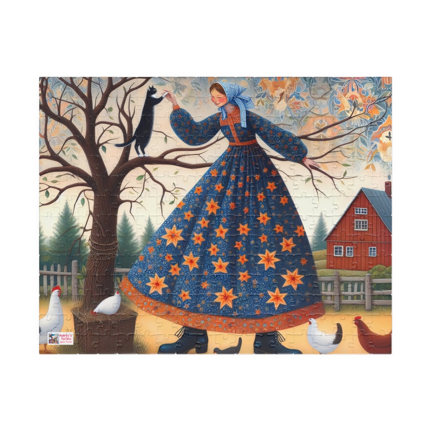 Barnyard Frolic Jigsaw Puzzle (110, 252, 520, 1014-piece). Quirky, Joyful Farm Dance with Chickens and a Black Cat. Family Fun Gift Idea