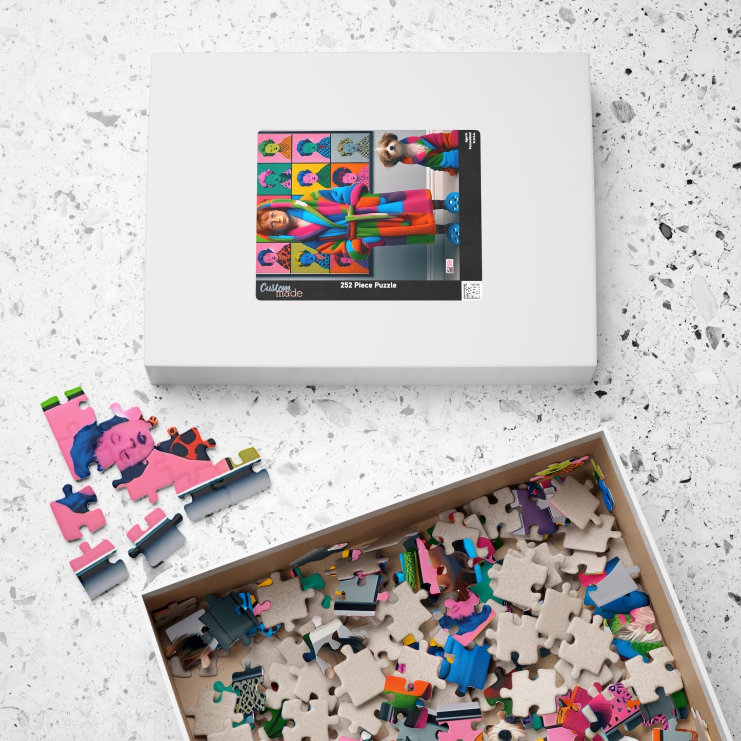 Pop Art Pajama Party Jigsaw Puzzle (110, 252, 520, 1014-piece). Cute and quirky boy and dog in matching bathrobes. Fun gift. Family game.