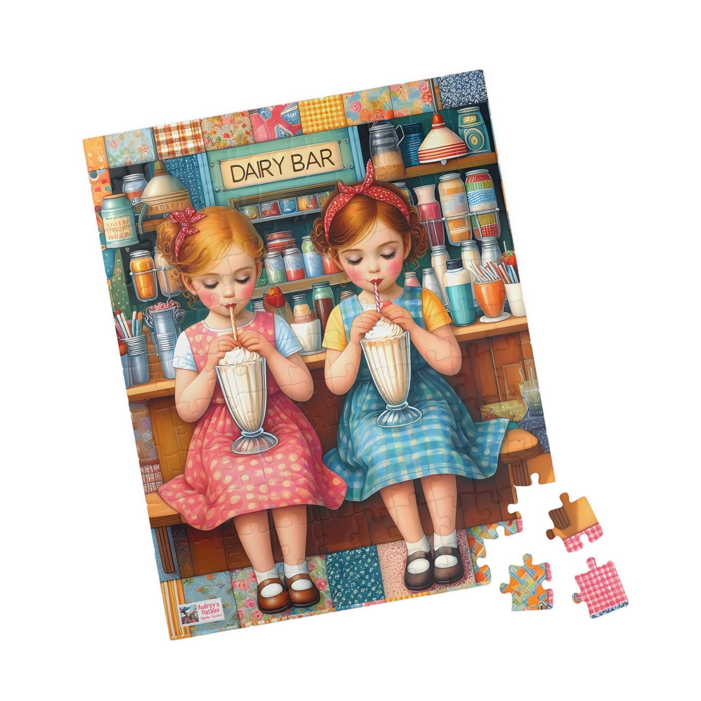 Milkshake Maids Jigsaw Puzzle (110, 252, 520, 1014-piece). Sweet vintage patchwork milk bar scene. Fun family game, children's gift idea