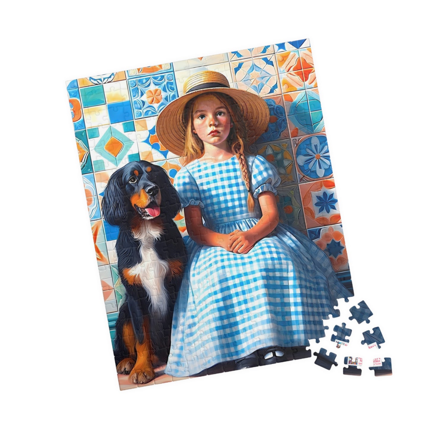Little Girl in Gingham Jigsaw Puzzle US: Nostalgic Childhood Scene with Pet Dog (110-1014-piece)