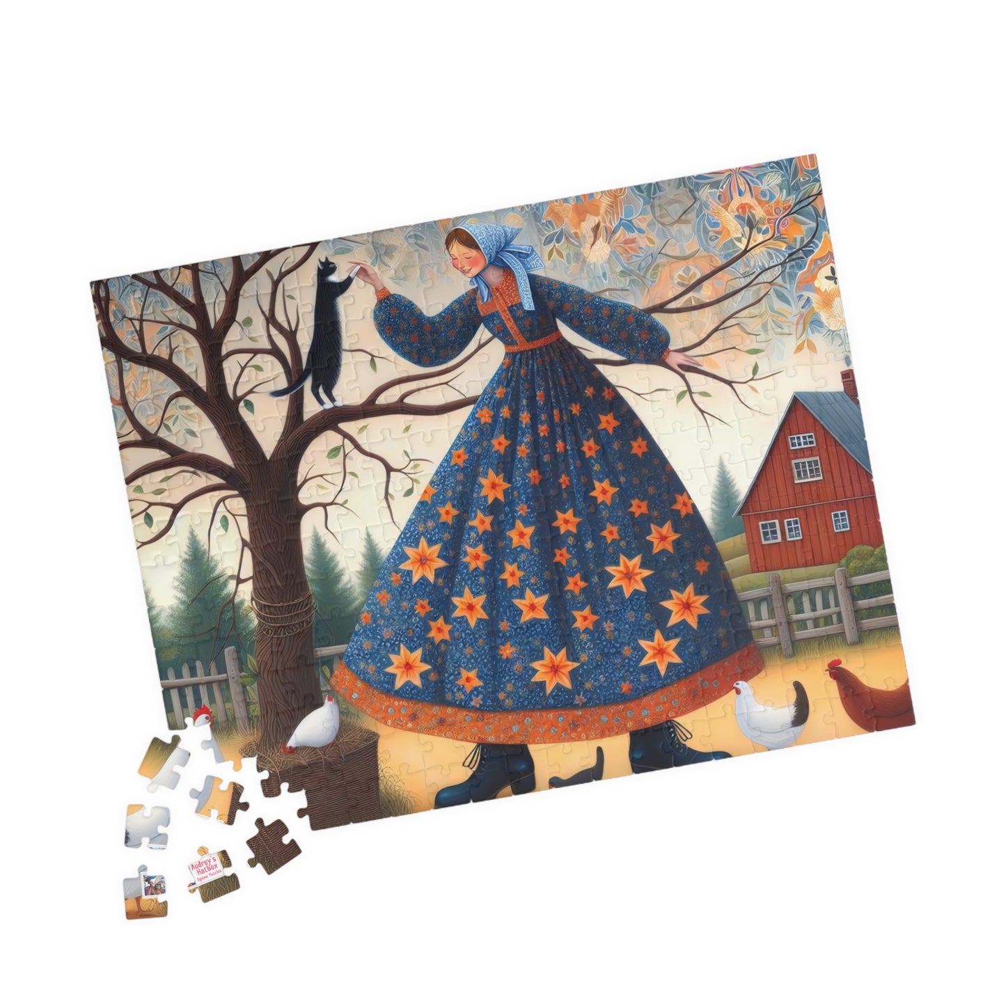Barnyard Frolic Jigsaw Puzzle (110, 252, 520, 1014-piece). Quirky, Joyful Farm Dance with Chickens and a Black Cat. Family Fun Gift Idea
