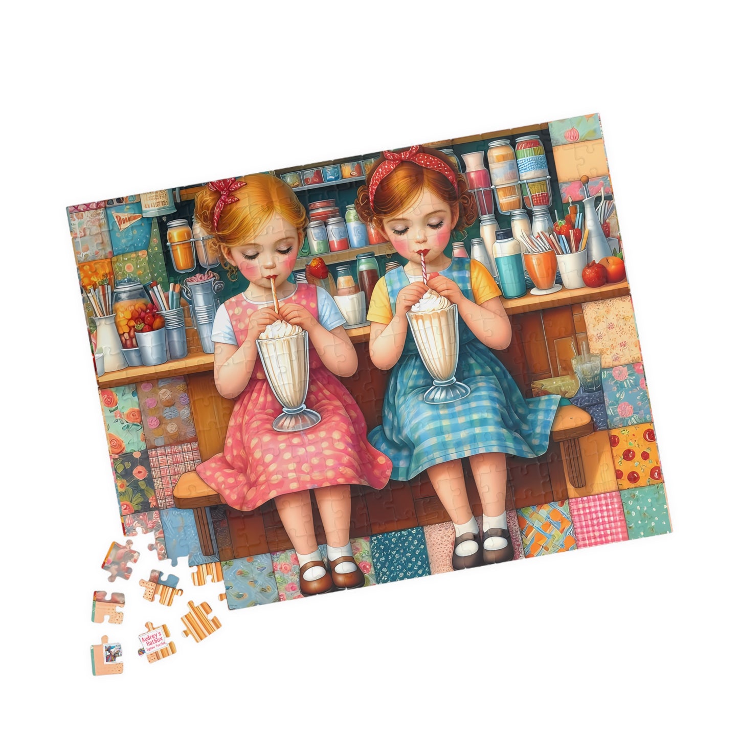 Milkshake Maids Jigsaw Puzzle (110, 252, 520, 1014-piece). Sweet vintage patchwork milk bar scene. Fun family game, children's gift idea