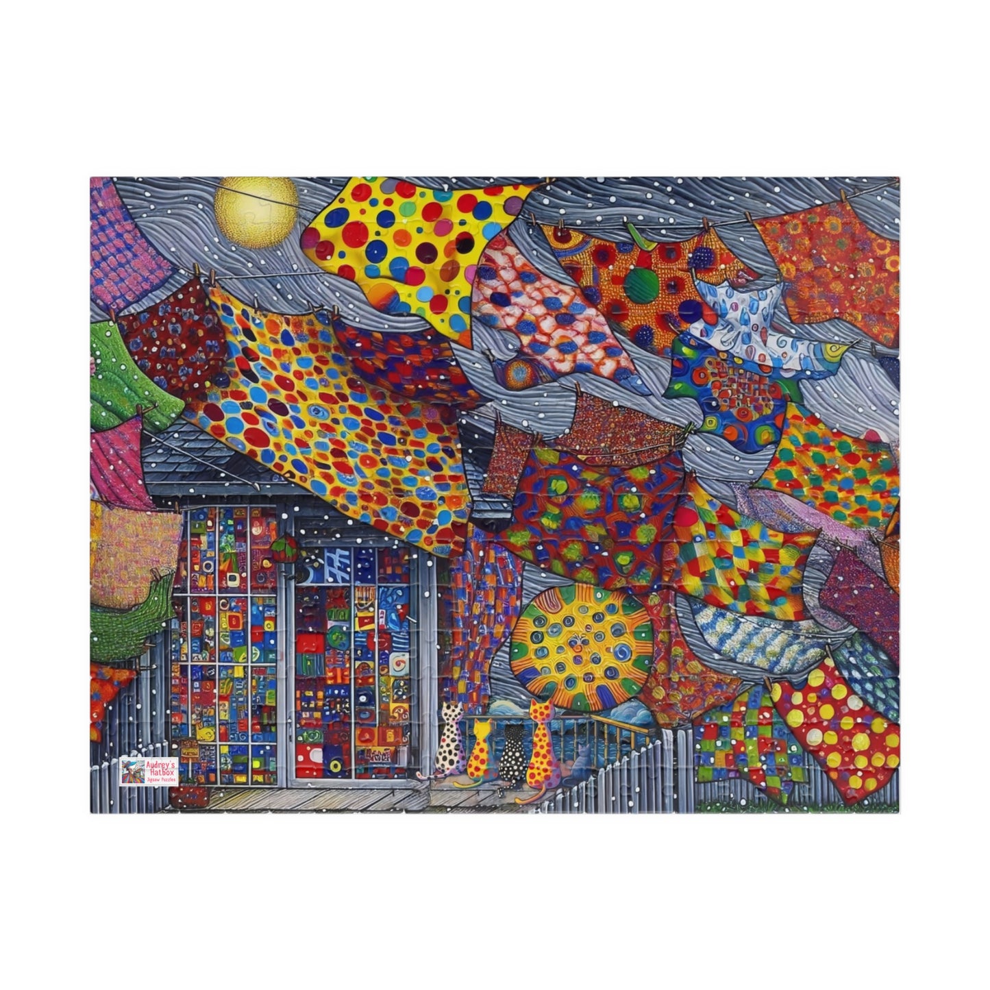Tablecloth Tempest Jigsaw Puzzle US: Curious cats watch a wild storm whip up the washing on the line  (110-1014-pcs)