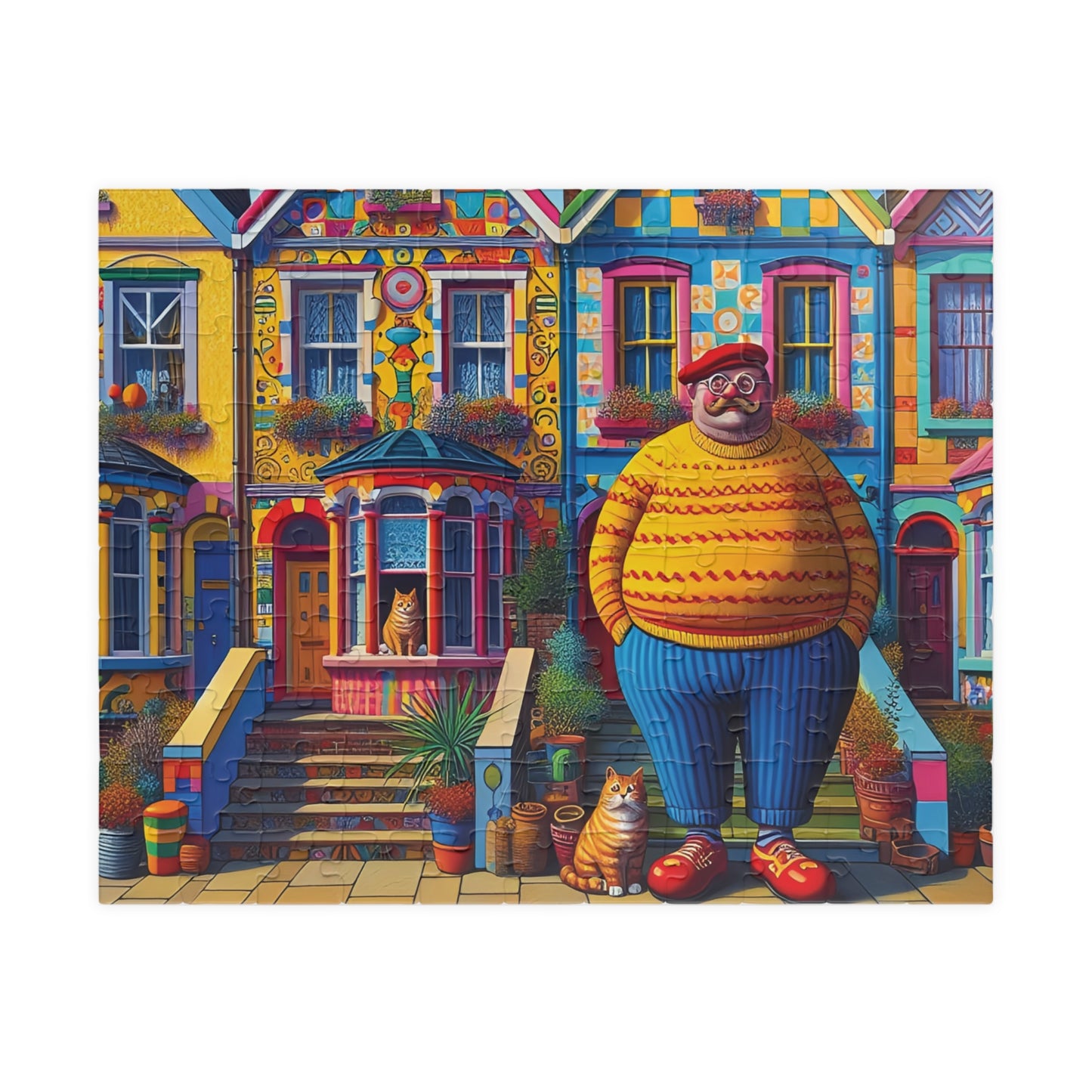 Welcome Committee Jigsaw Puzzle, 110, 252, 520, 1014-piece. Whimsical, Playful Scene of a Jolly Man, Cats and Colourful Houses. Family Fun.