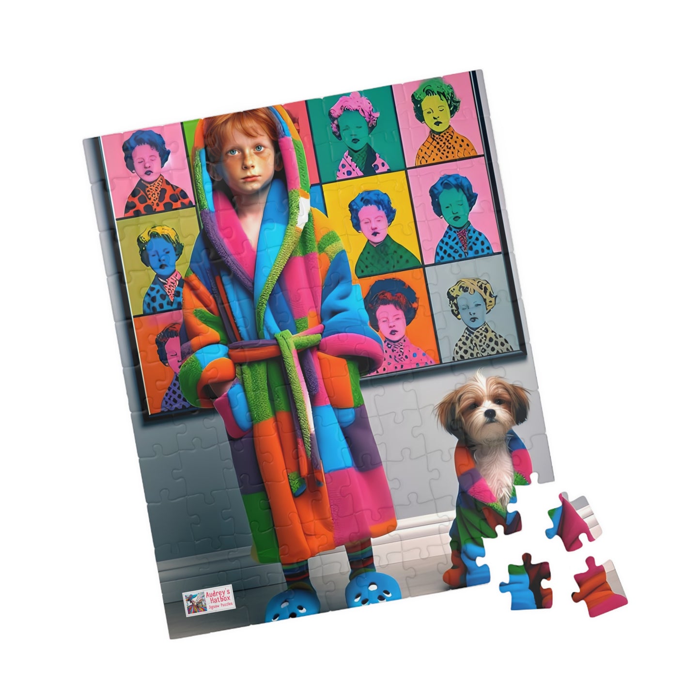 Pop Art Pajama Party Jigsaw Puzzle (110, 252, 520, 1014-piece). Cute and quirky boy and dog in matching bathrobes. Fun gift. Family game.