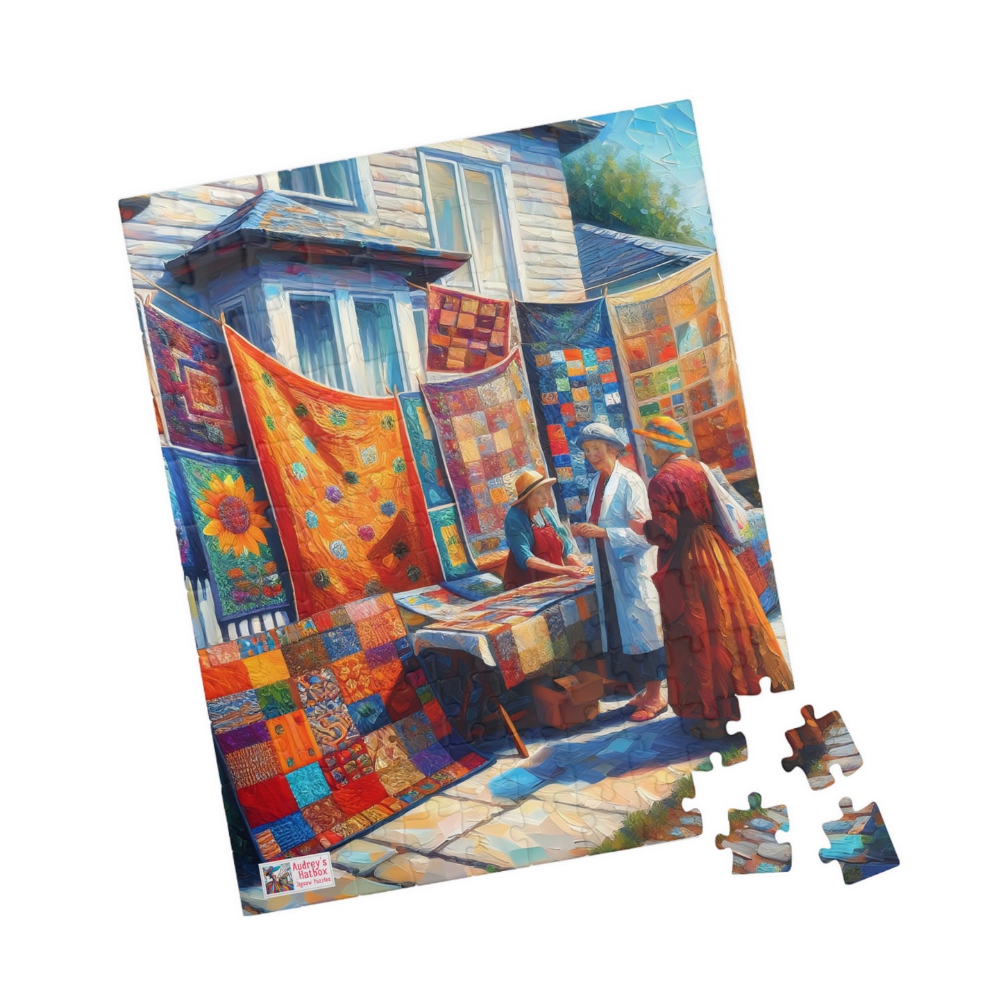 Footpath Quilt Sale Jigsaw Puzzle (110, 252, 520, 1014-piece). Delightful neighbourhood market. Charming gift idea. Wholesome Family Fun.