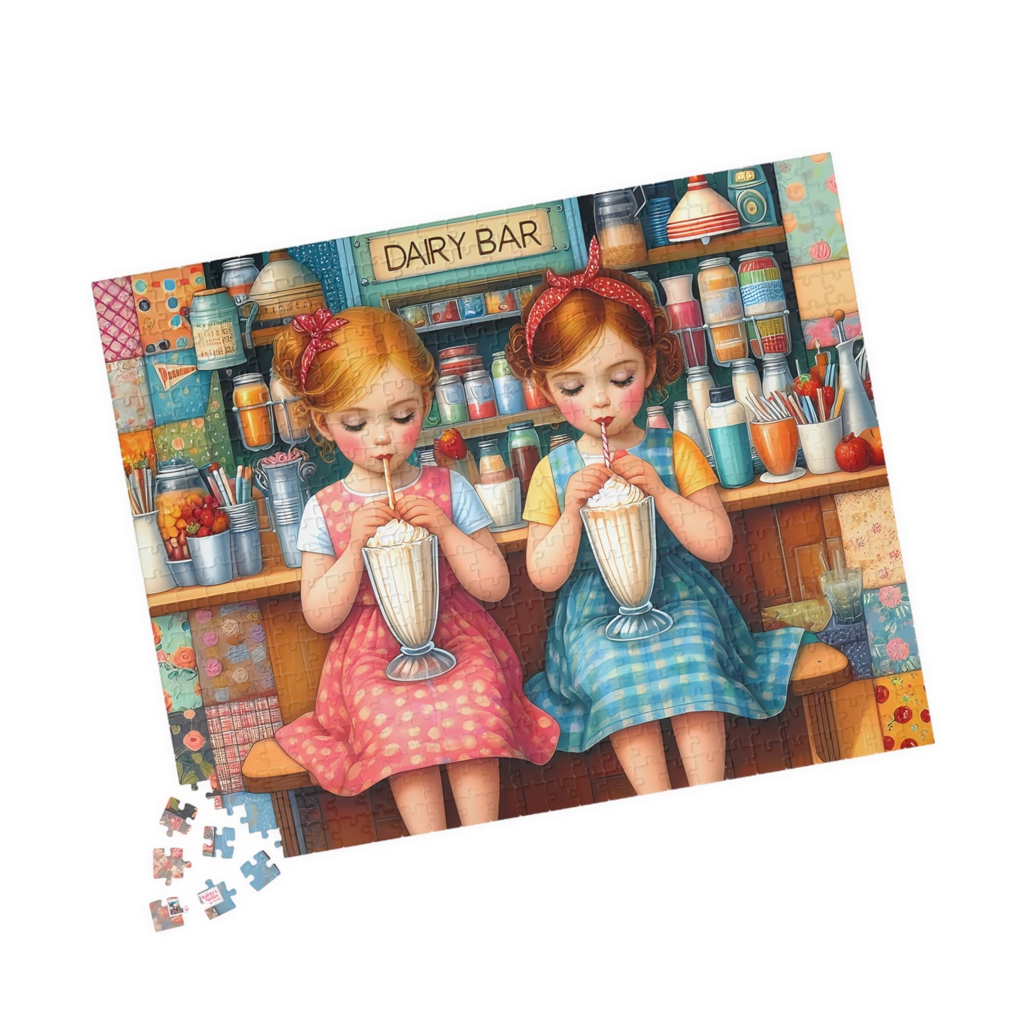 Milkshake Maids Jigsaw Puzzle (110, 252, 520, 1014-piece). Sweet vintage patchwork milk bar scene. Fun family game, children's gift idea