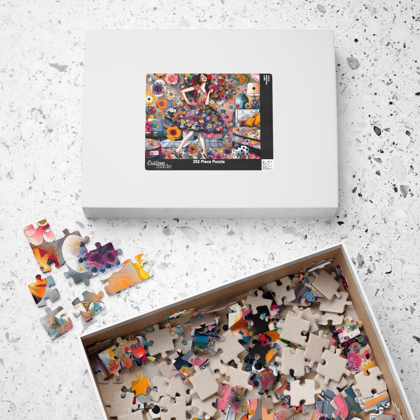 Mad About Flowers Jigsaw Puzzle (110, 252, 520, 1014-piece). Charming Floral Chaos in a Whimsical Scene with a Polka Dot Cat. Fun Gift Idea.