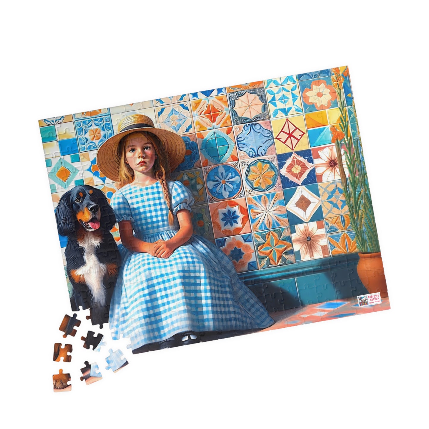 Little Girl in Gingham Jigsaw Puzzle US: Nostalgic Childhood Scene with Pet Dog (110-1014-piece)