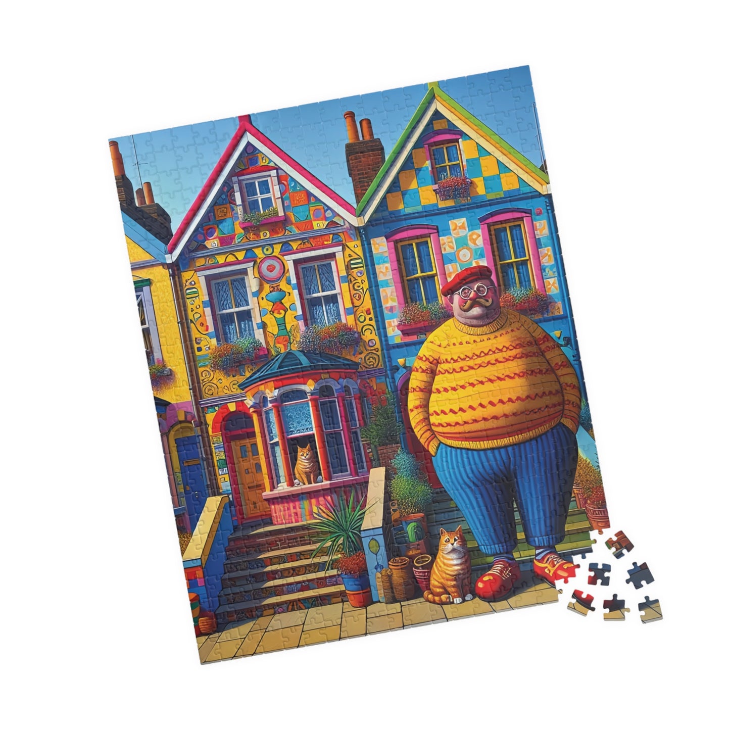 Welcome Committee Jigsaw Puzzle, 110, 252, 520, 1014-piece. Whimsical, Playful Scene of a Jolly Man, Cats and Colourful Houses. Family Fun.