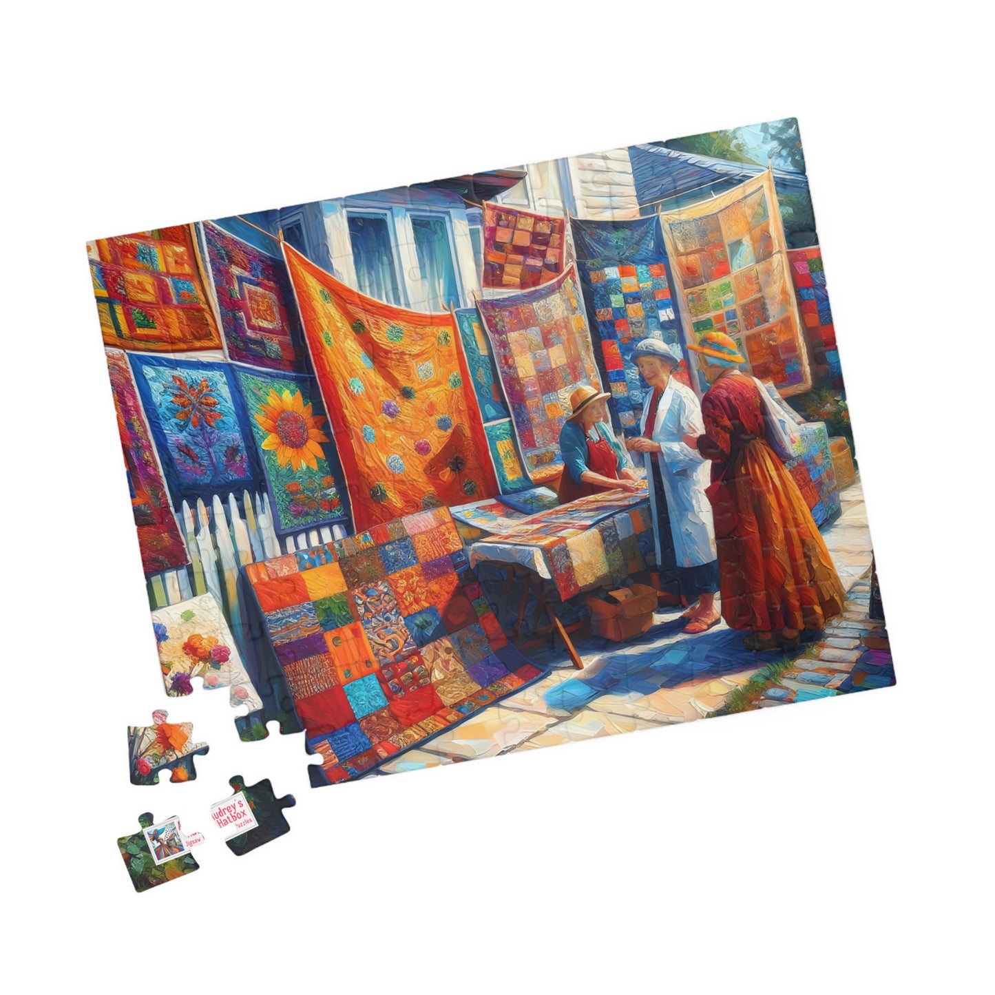 Footpath Quilt Sale Jigsaw Puzzle (110, 252, 520, 1014-piece). Delightful neighbourhood market. Charming gift idea. Wholesome Family Fun.