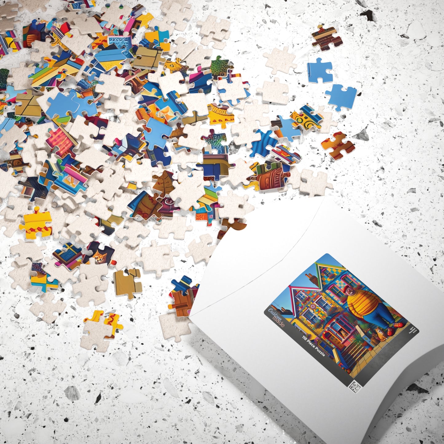 Welcome Committee Jigsaw Puzzle, 110, 252, 520, 1014-piece. Whimsical, Playful Scene of a Jolly Man, Cats and Colourful Houses. Family Fun.