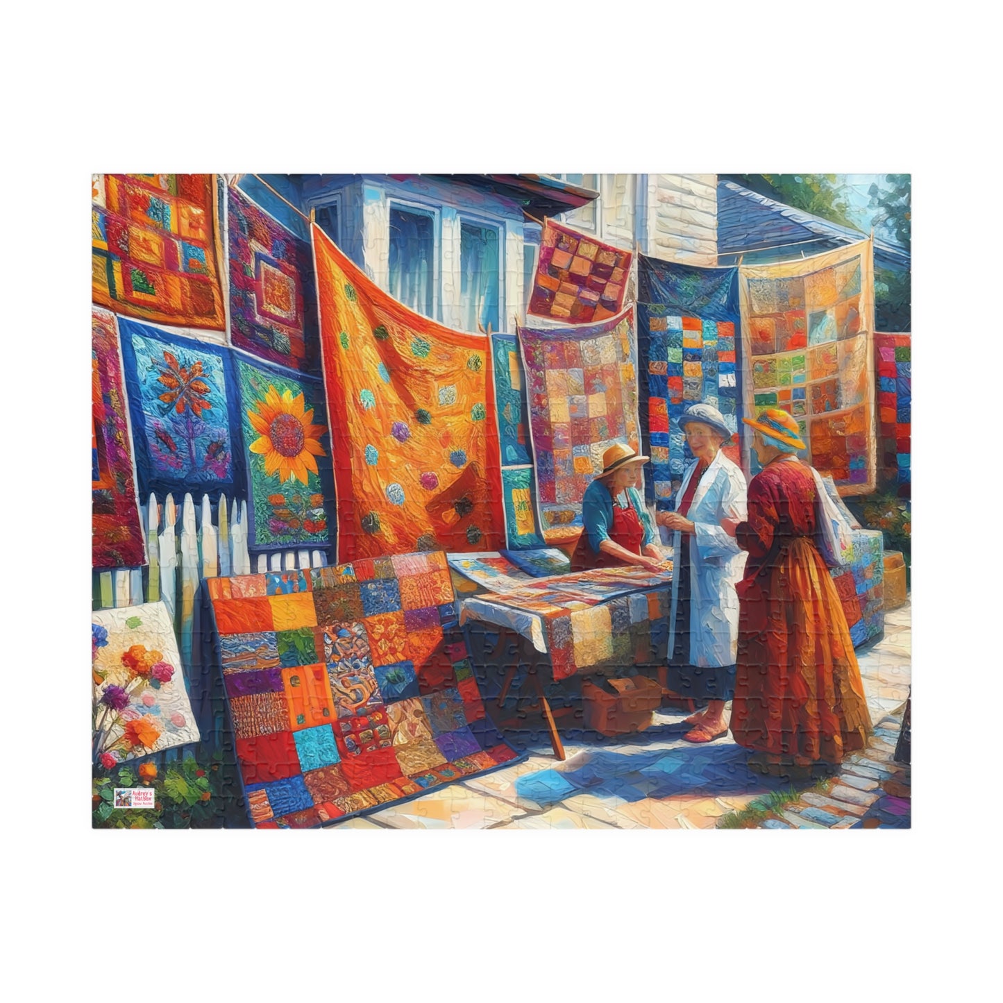 Footpath Quilt Sale Jigsaw Puzzle (110, 252, 520, 1014-piece). Delightful neighbourhood market. Charming gift idea. Wholesome Family Fun.