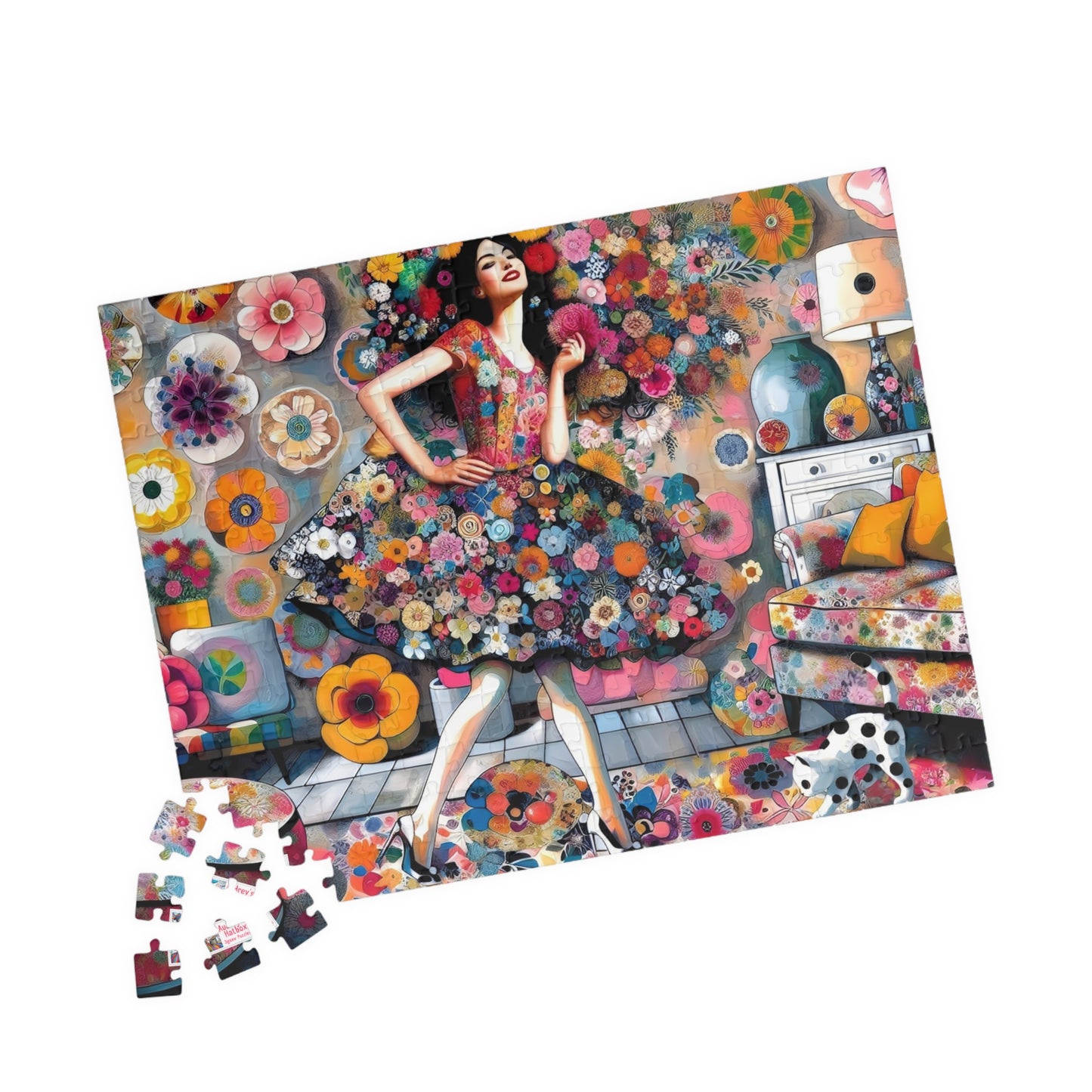 Mad About Flowers Jigsaw Puzzle (110, 252, 520, 1014-piece). Charming Floral Chaos in a Whimsical Scene with a Polka Dot Cat. Fun Gift Idea.